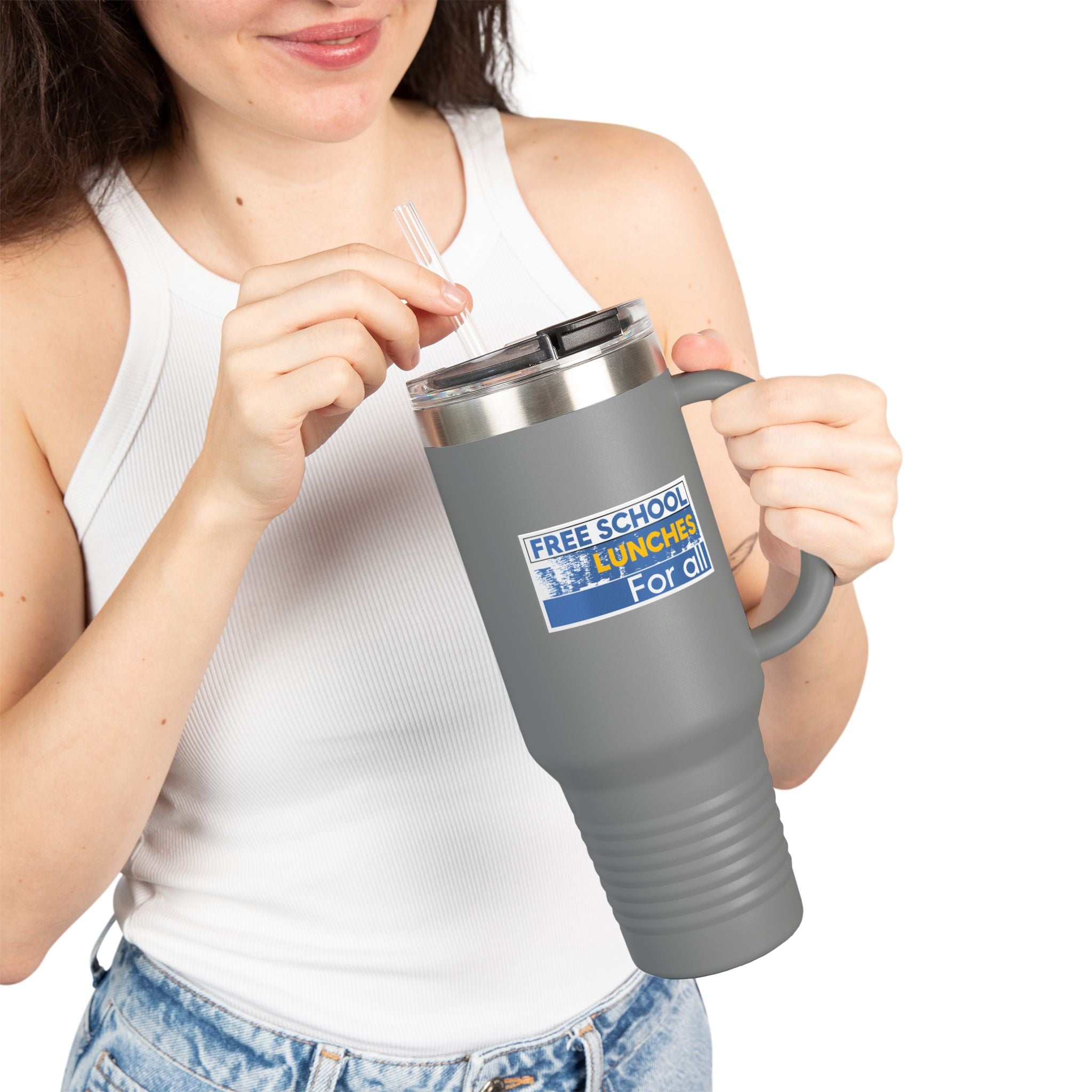 Travel Mug - Free School Lunches For All (front) - Nurses Against The Rich Starving The Poor (back) - 100% stainless steel (body) - NAH-TM-40oz