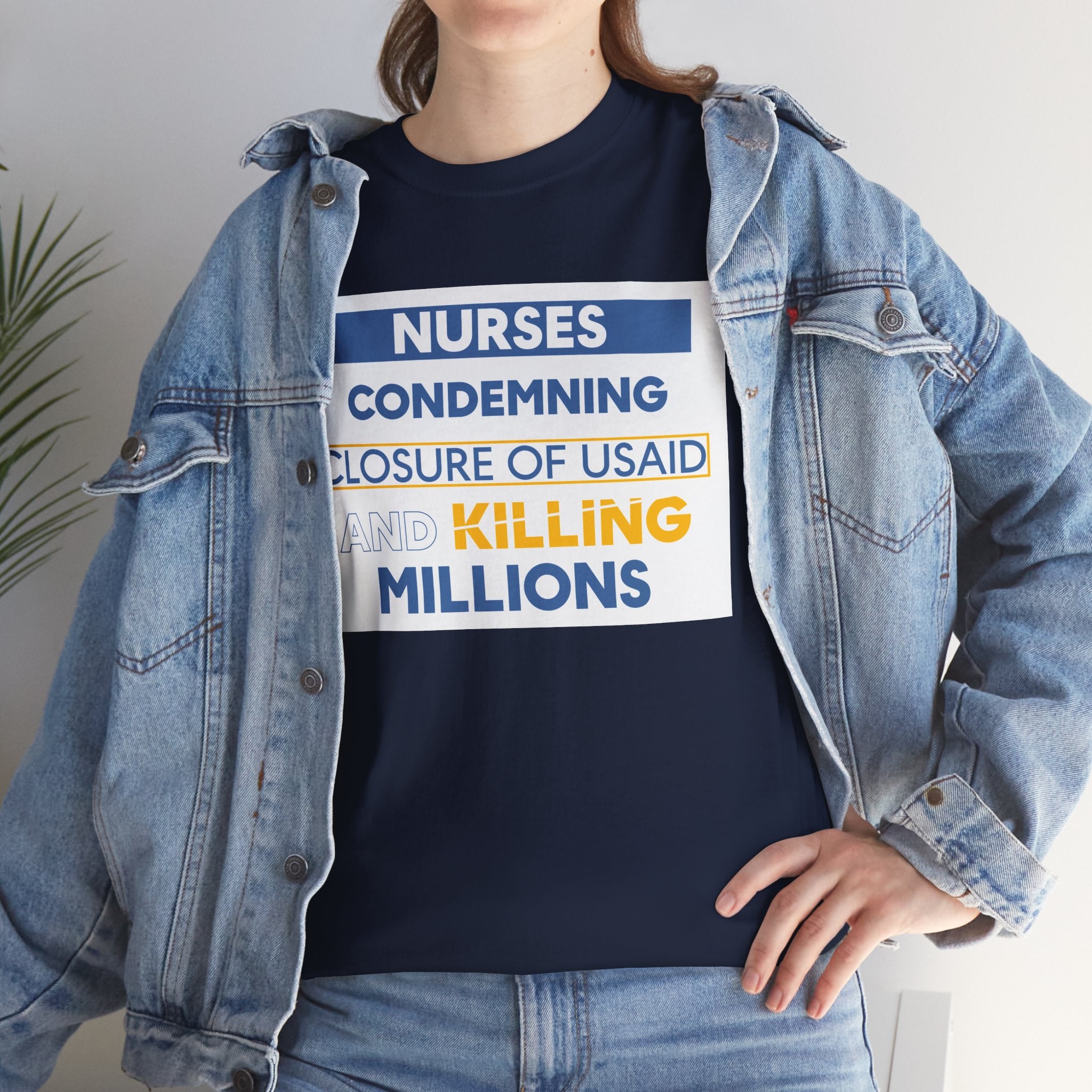 Unisex Medium fabric Cotton Tee - Nurses Condemning Closure of USAID (front) - Nurses For NIH CDC FEMA USAID And YOU (back) - 5.3 oz/yd² / 180 g/m² - NFG-T-G5000