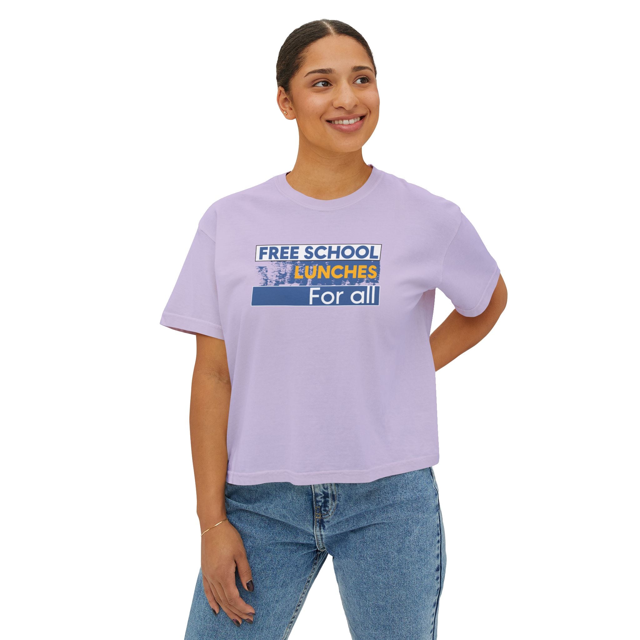Women's Boxy Heavy fabric Tee - Free School Lunches For All (front) - Nurses Against The Rich Starving The Poor (back) - 100% ring-spun US cotton - NAH-T-CC3023CL