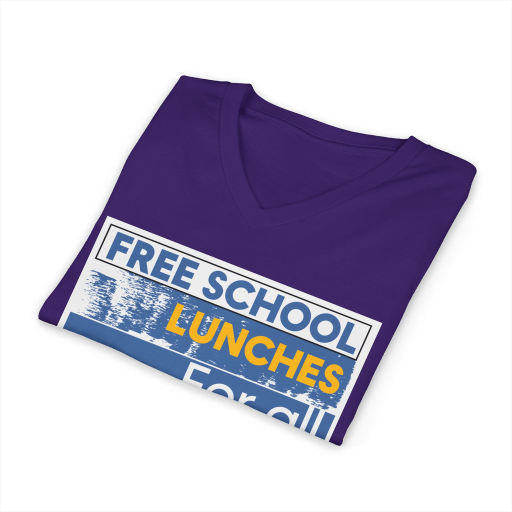 Unisex Lightweight fabric Jersey Short Sleeve V-Neck Tee - Free School Lunches For All (front) - Nurses Against The Rich Starving The Poor (back) - 100% cotton fabric - NAH-V-BC3005
