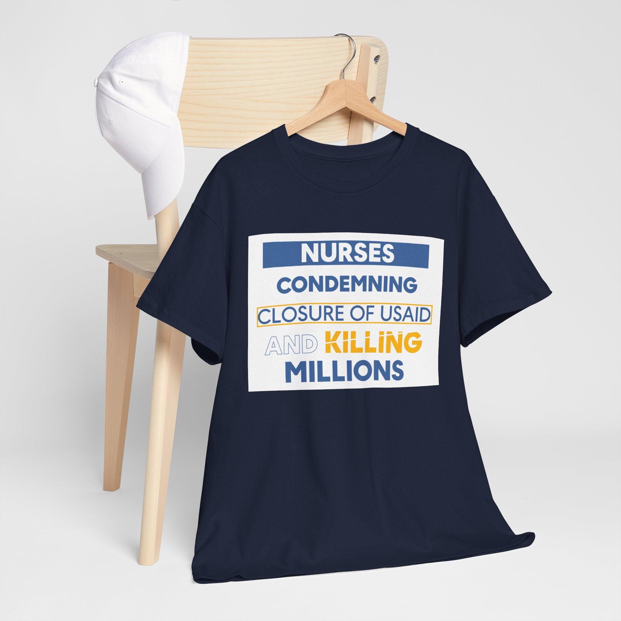 Unisex Medium fabric Cotton Tee - Nurses Condemning Closure of USAID (front) - Nurses For NIH CDC FEMA USAID And YOU (back) - 5.3 oz/yd² / 180 g/m² - NFG-T-G5000