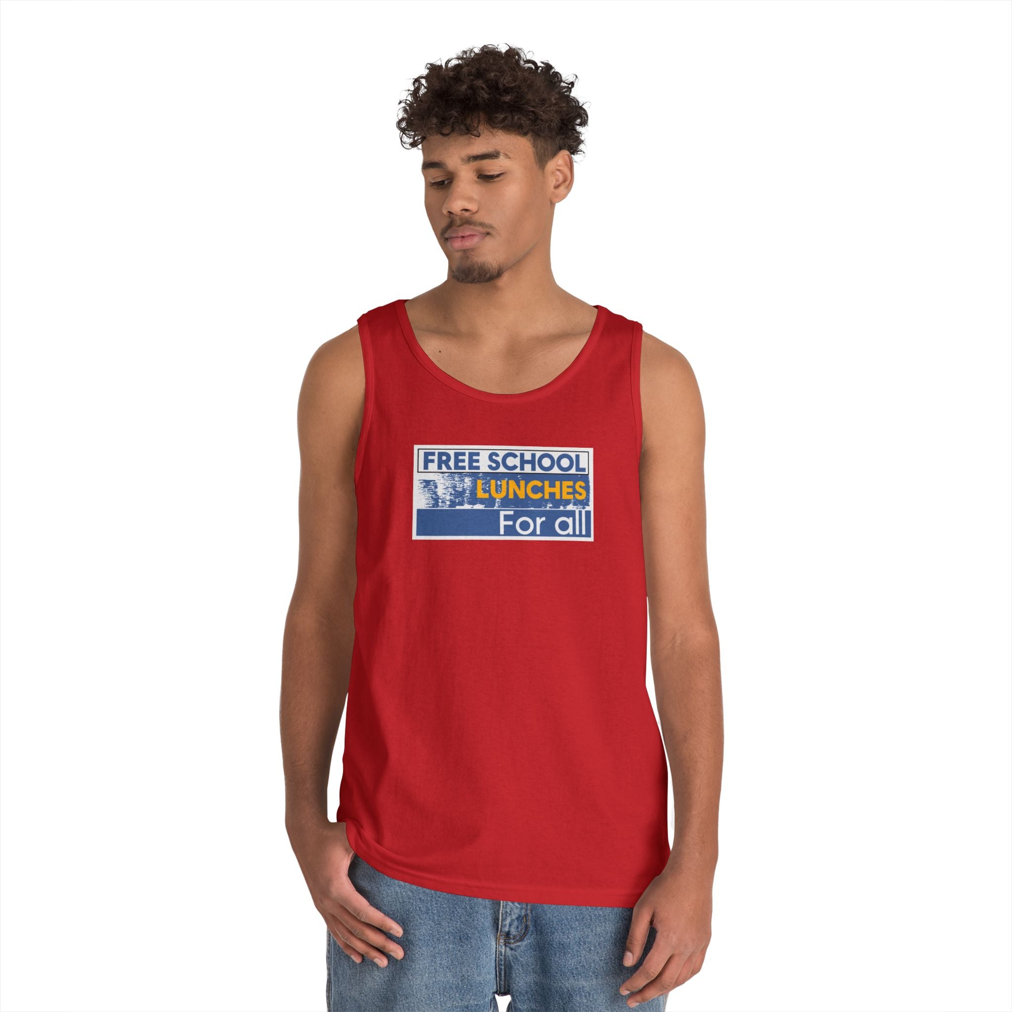 Unisex Medium fabric Cotton Tank Top - Free School Lunches For All (front) - Nurses Against The Rich Starving The Poor (back) - 100% cotton - NAH-K-G5200