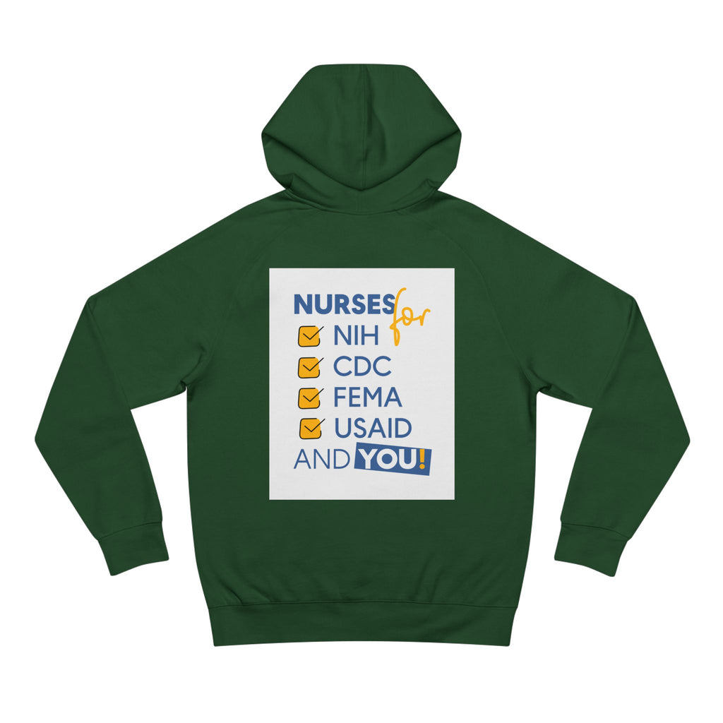 Unisex Mid-weight Hoodie - Nurses Condemning Closure of USAID (front) - Nurses For NIH CDC FEMA USAID And YOU (back) - 80% cotton, 20% Polyester - NFG-H-AC5101