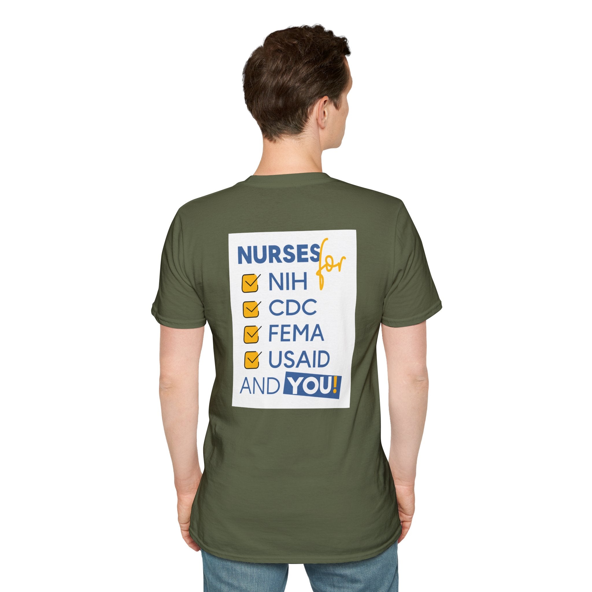 Unisex Lightweight fabric T-Shirt - Nurses Condemning Closure of USAID (front) - Nurses For NIH CDC FEMA USAID And YOU (back) - 100% ring-spun cotton - NFG-T-G64000