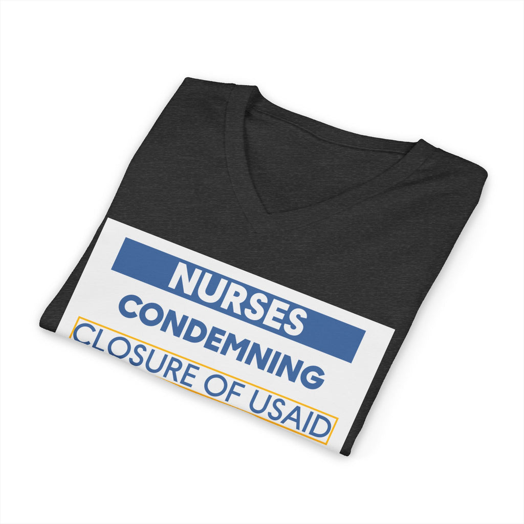 Unisex Lightweight fabric Jersey Short Sleeve V-Neck Tee - Nurses Condemning Closure of USAID (front) - Nurses For NIH CDC FEMA USAID And YOU (back) - 100% cotton fabric - NFG-V-BC3005