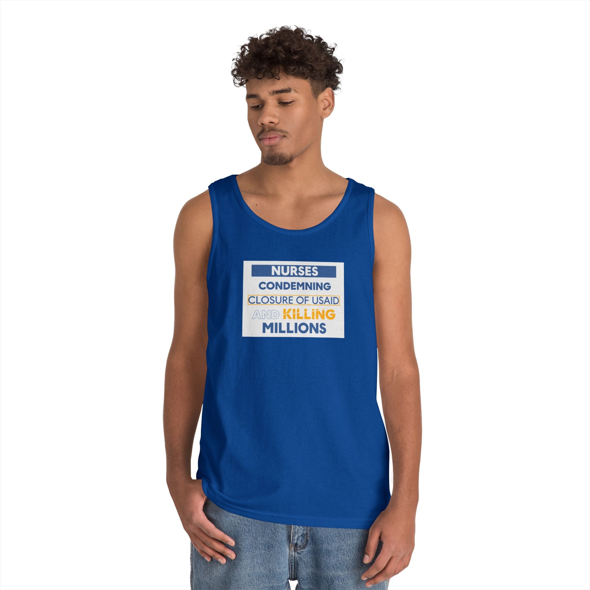 Unisex Medium fabric Cotton Tank Top - Nurses Condemning Closure of USAID (front) - Nurses For NIH CDC FEMA USAID And YOU (back) - 100% cotton - NFG-K-G5200