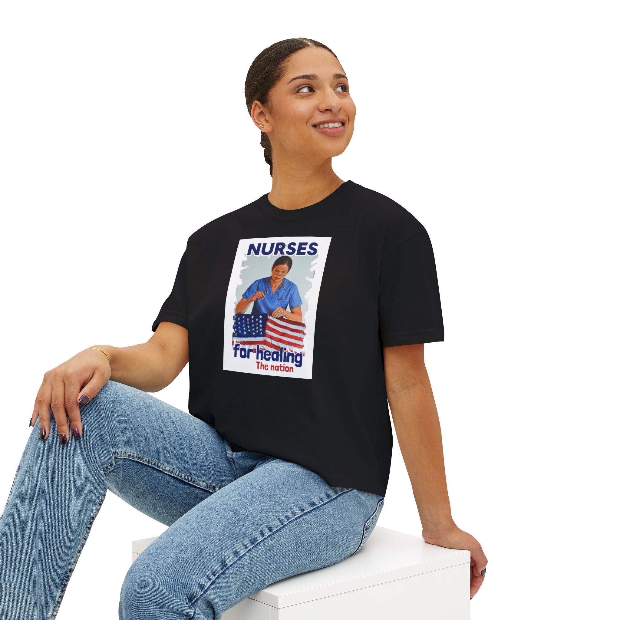 Women's Boxy Heavy fabric Tee - Nurses For Healing The Nation (front) - Nurses Standing Up For Humanity (back) - 100% ring-spun US cotton - NFH-T-CC3023CL