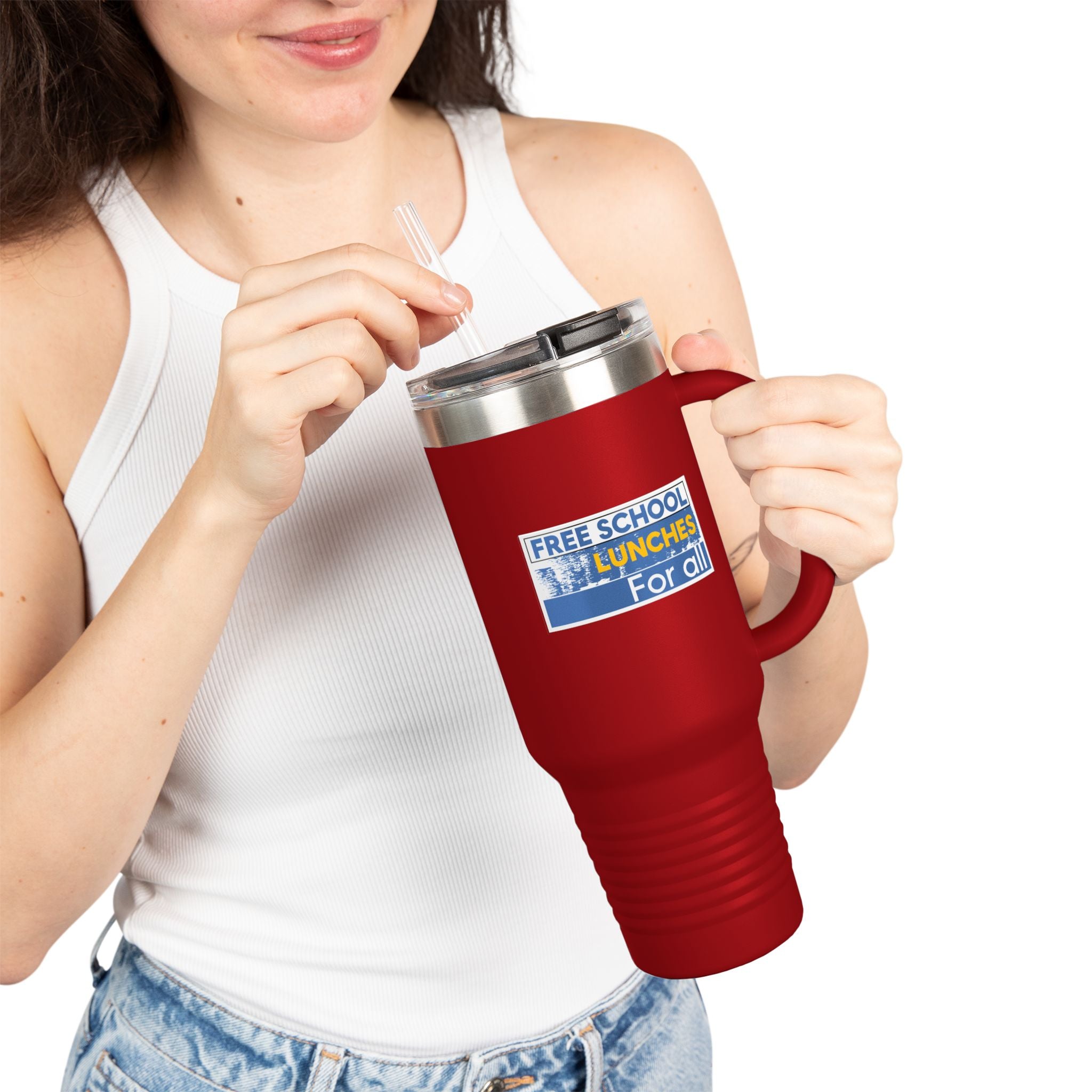 Travel Mug - Free School Lunches For All (front) - Nurses Against The Rich Starving The Poor (back) - 100% stainless steel (body) - NAH-TM-40oz