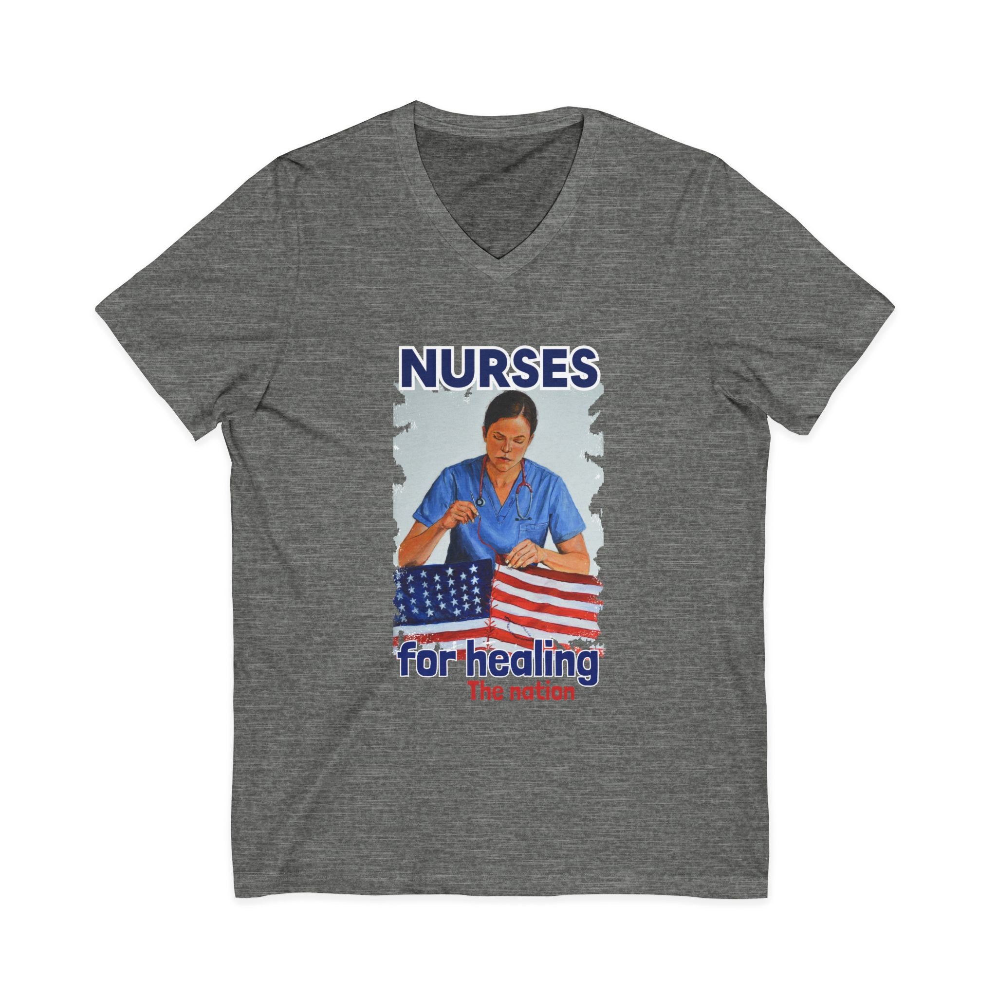 Unisex Lightweight fabric Jersey Short Sleeve V-Neck Tee - Nurses For Healing The Nation (front) - Nurses Standing Up For Humanity (back) - 100% cotton fabric - NFH-V-BC3005