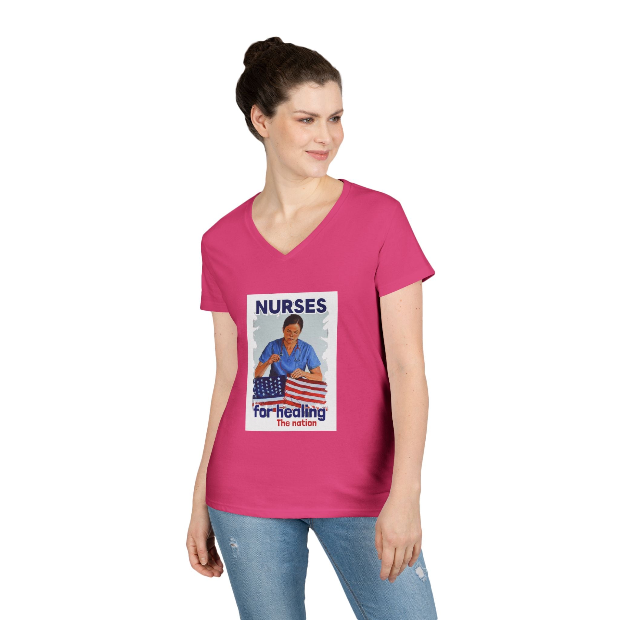 Women's Medium fabric V-Neck T-Shirt - Nurses For Healing The Nation (front) - Nurses Standing Up For Humanity (back) - 100% cotton - NFH-V-G5V00L