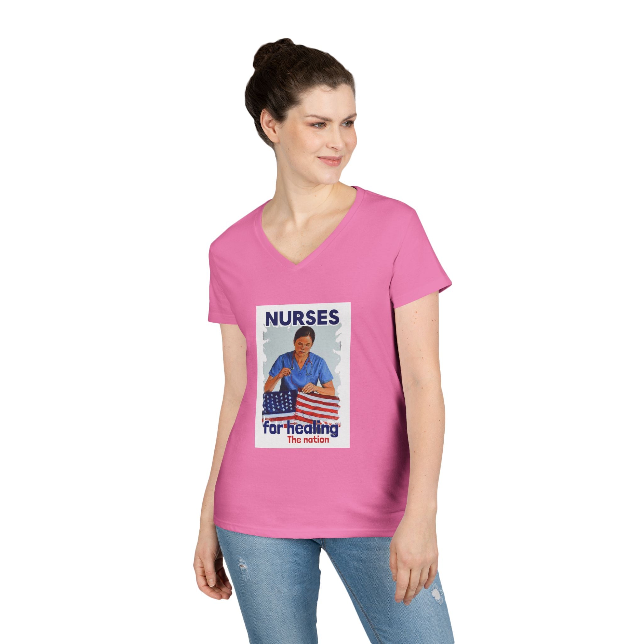 Women's Medium fabric V-Neck T-Shirt - Nurses For Healing The Nation (front) - Nurses Standing Up For Humanity (back) - 100% cotton - NFH-V-G5V00L