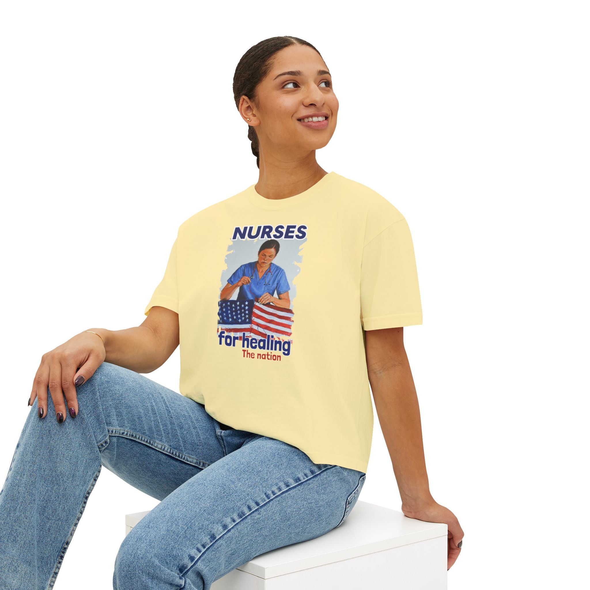Women's Boxy Heavy fabric Tee - Nurses For Healing The Nation (front) - Nurses Standing Up For Humanity (back) - 100% ring-spun US cotton - NFH-T-CC3023CL
