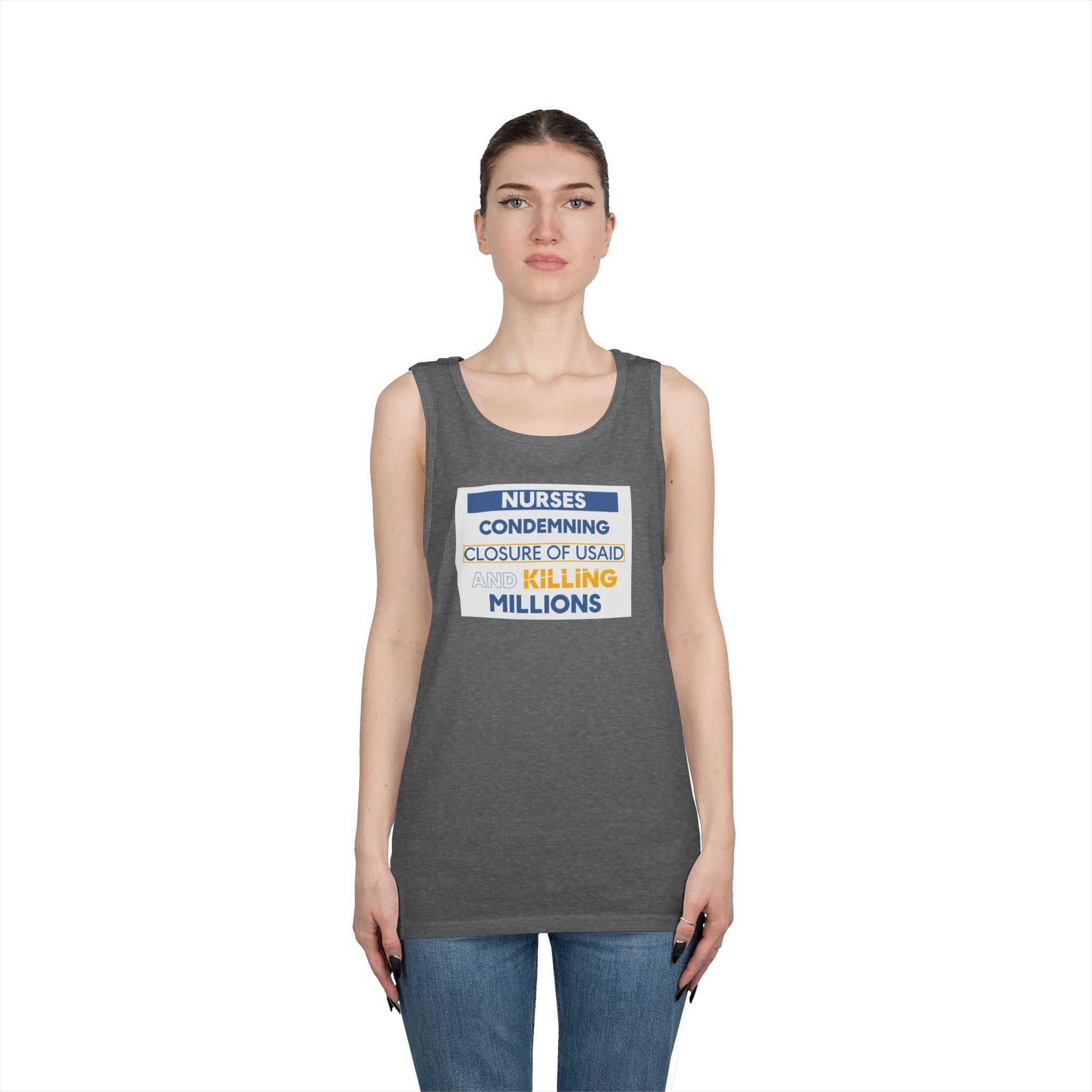 Unisex Medium fabric Cotton Tank Top - Nurses Condemning Closure of USAID (front) - Nurses For NIH CDC FEMA USAID And YOU (back) - 100% cotton - NFG-K-G5200