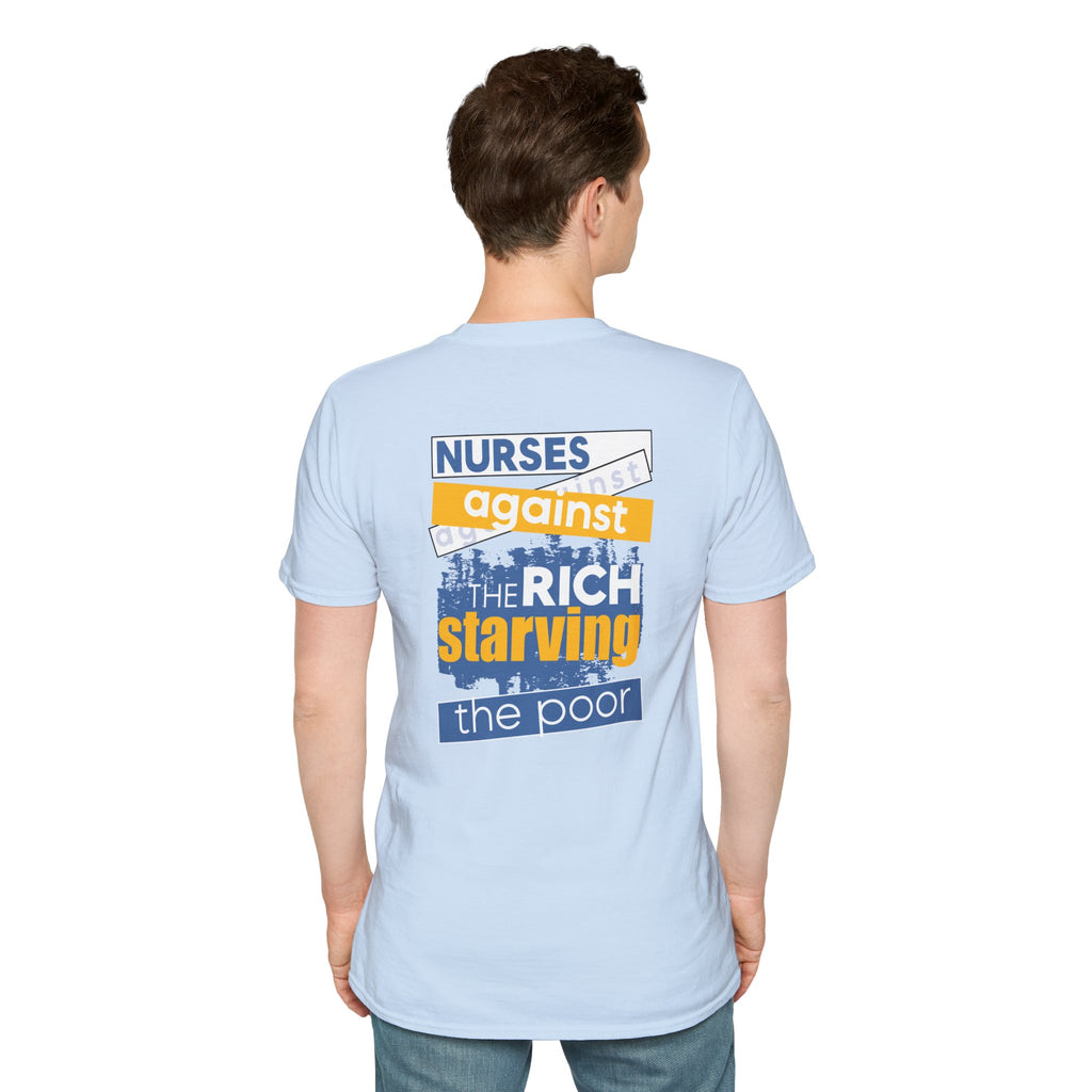 Unisex Lightweight fabric T-Shirt - Free School Lunches For All (front) - Nurses Against The Rich Starving The Poor (back) - 100% ring-spun cotton - NAH-T-G64000
