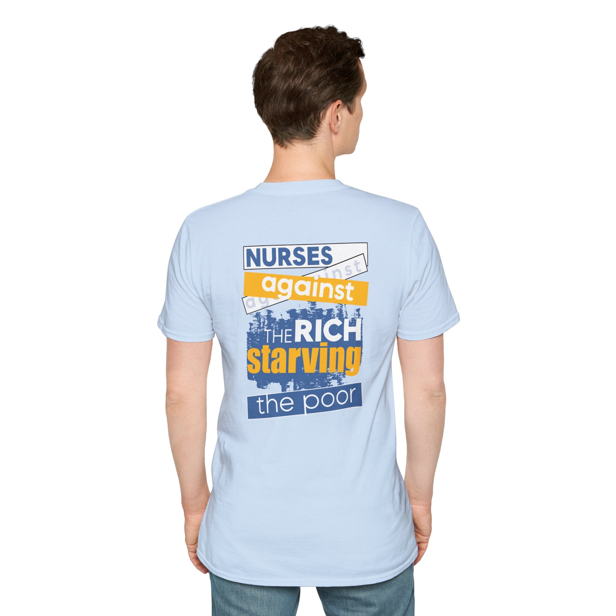 Unisex Lightweight fabric T-Shirt - Free School Lunches For All (front) - Nurses Against The Rich Starving The Poor (back) - 100% ring-spun cotton - NAH-T-G64000