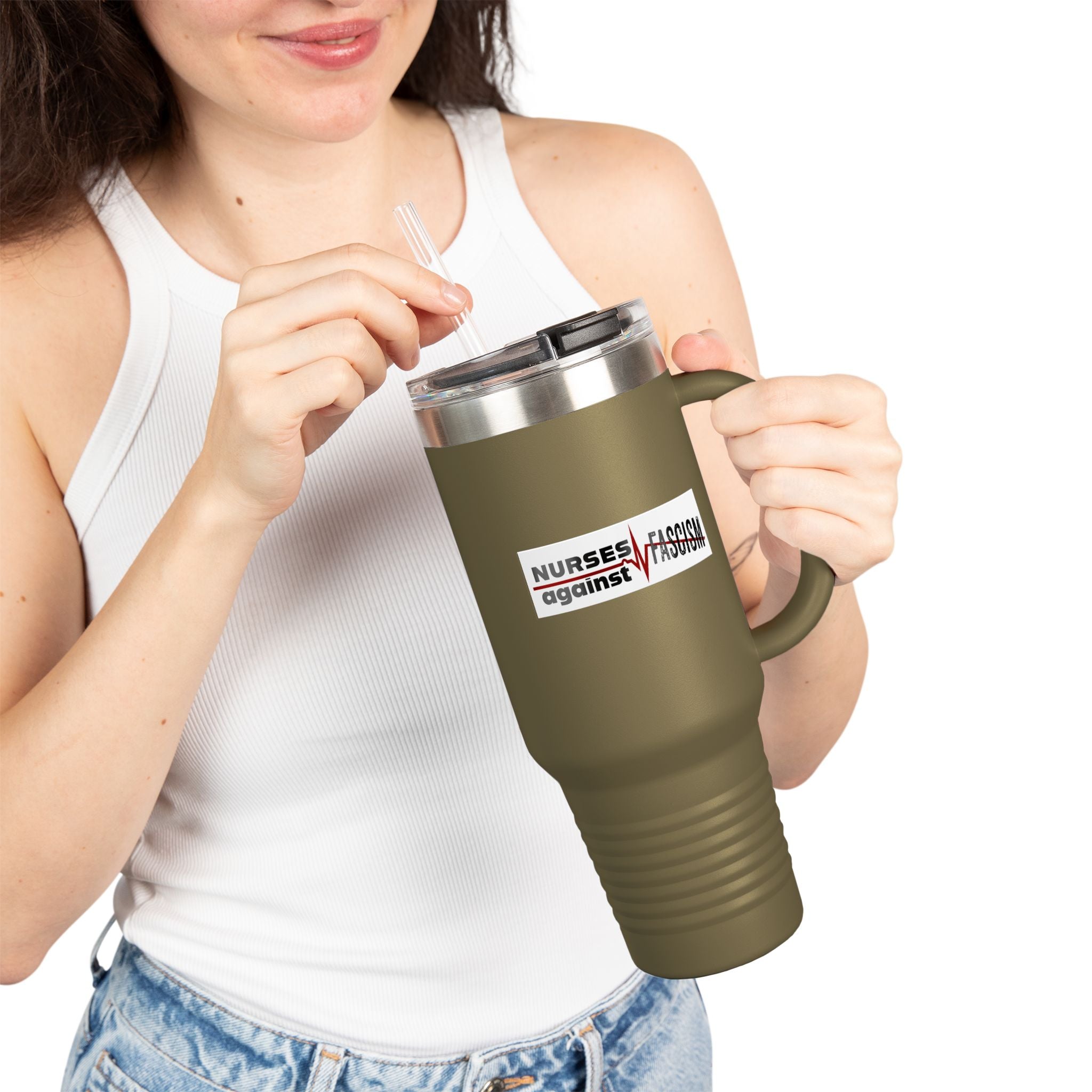 Travel Mug - Nurses Against Fascism (right) - Nurses Against Cruelty (left) - 100% stainless steel (body) - NAF-TM-40oz