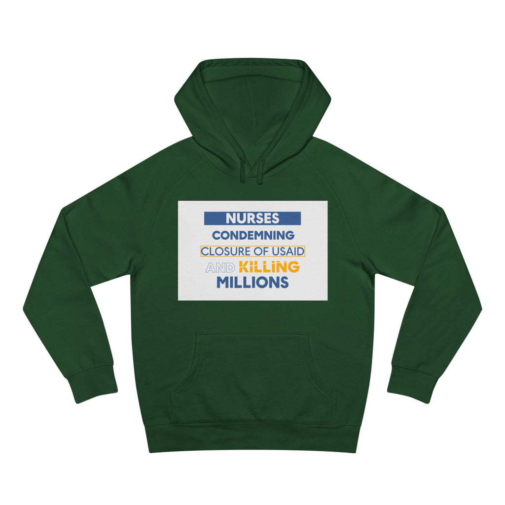 Unisex Mid-weight Hoodie - Nurses Condemning Closure of USAID (front) - Nurses For NIH CDC FEMA USAID And YOU (back) - 80% cotton, 20% Polyester - NFG-H-AC5101