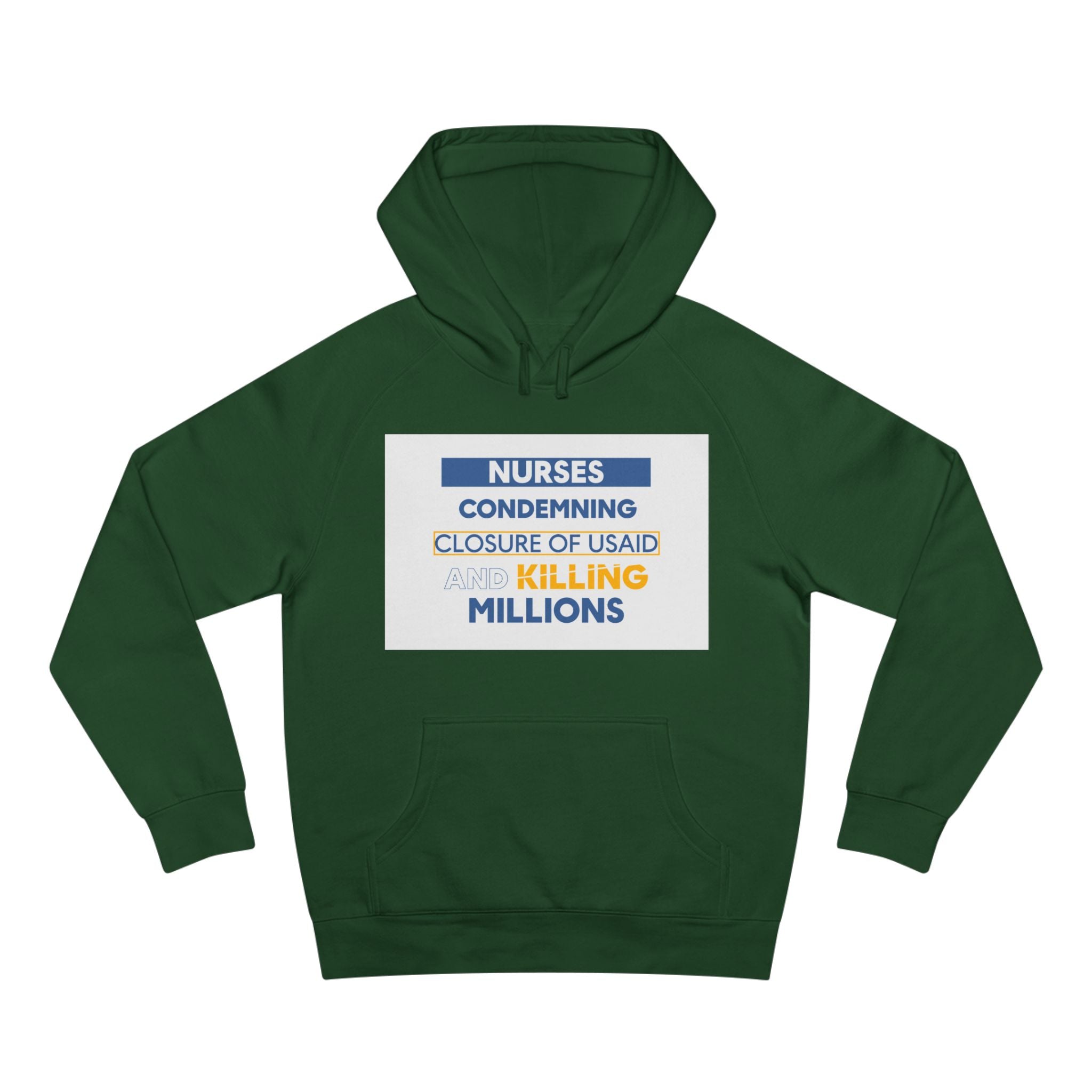 Unisex Mid-weight Hoodie - Nurses Condemning Closure of USAID (front) - Nurses For NIH CDC FEMA USAID And YOU (back) - 80% cotton, 20% Polyester - NFG-H-AC5101