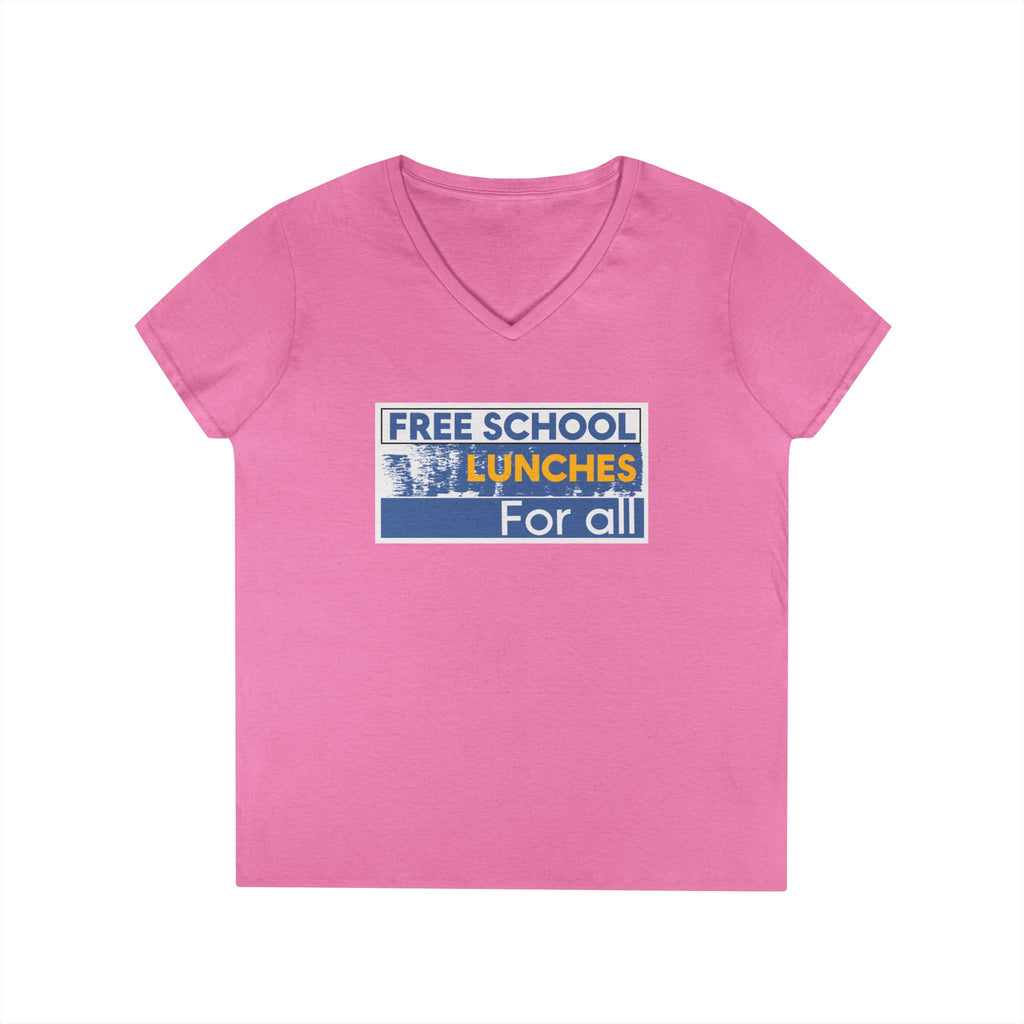 Women's Medium fabric V-Neck T-Shirt - Free School Lunches For All (front) - Nurses Against The Rich Starving The Poor (back) - 100% cotton - NAH-V-G5V00L