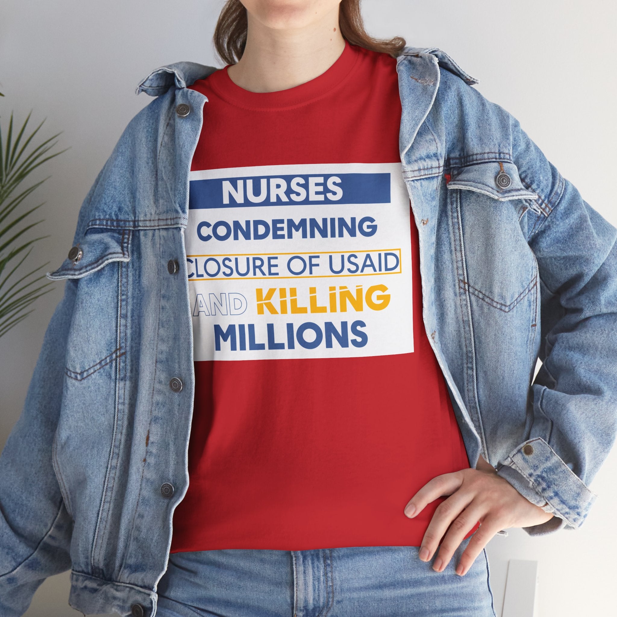 Unisex Medium fabric Cotton Tee - Nurses Condemning Closure of USAID (front) - Nurses For NIH CDC FEMA USAID And YOU (back) - 5.3 oz/yd² / 180 g/m² - NFG-T-G5000