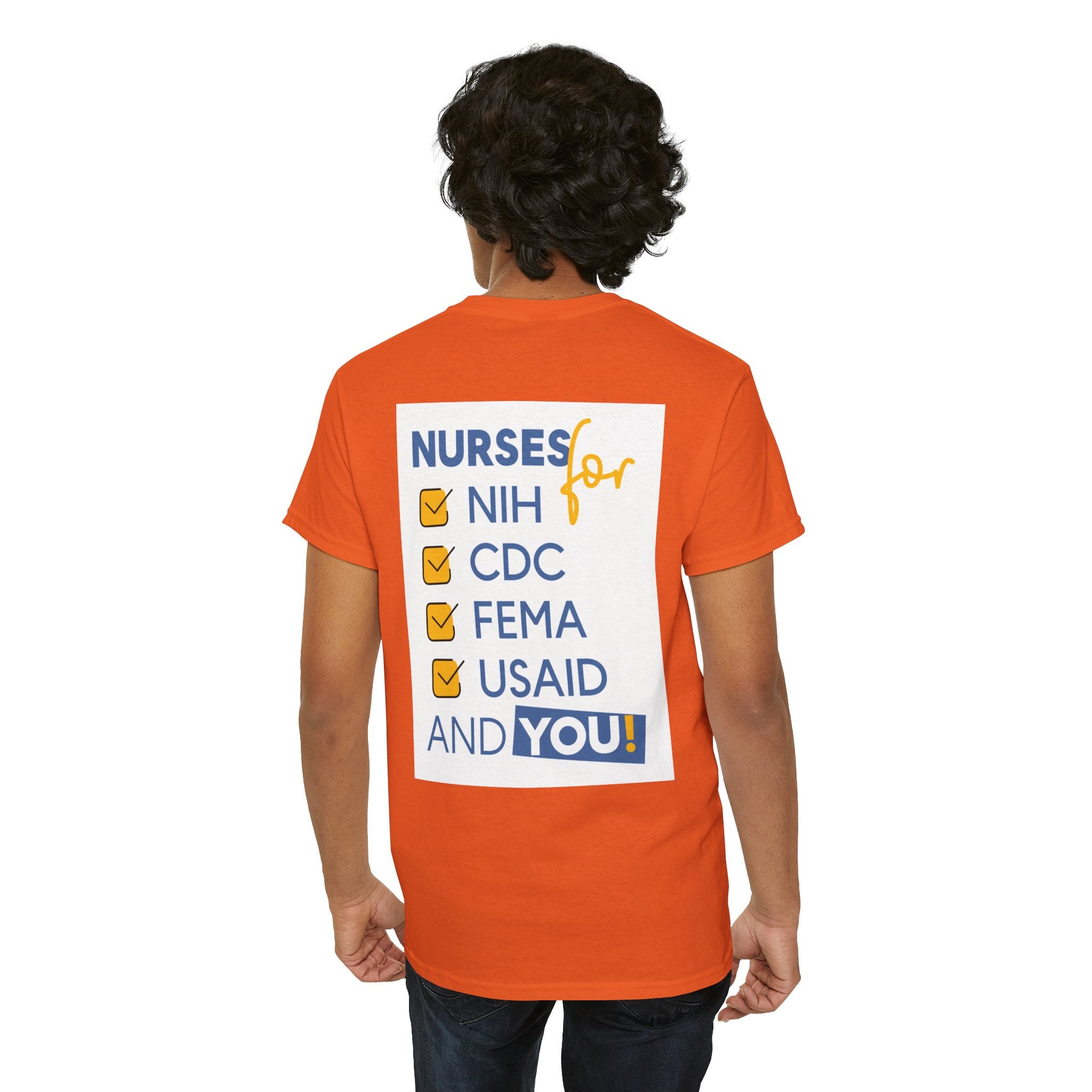 Unisex Medium fabric Cotton Tee - Nurses Condemning Closure of USAID (front) - Nurses For NIH CDC FEMA USAID And YOU (back) - 5.3 oz/yd² / 180 g/m² - NFG-T-G5000
