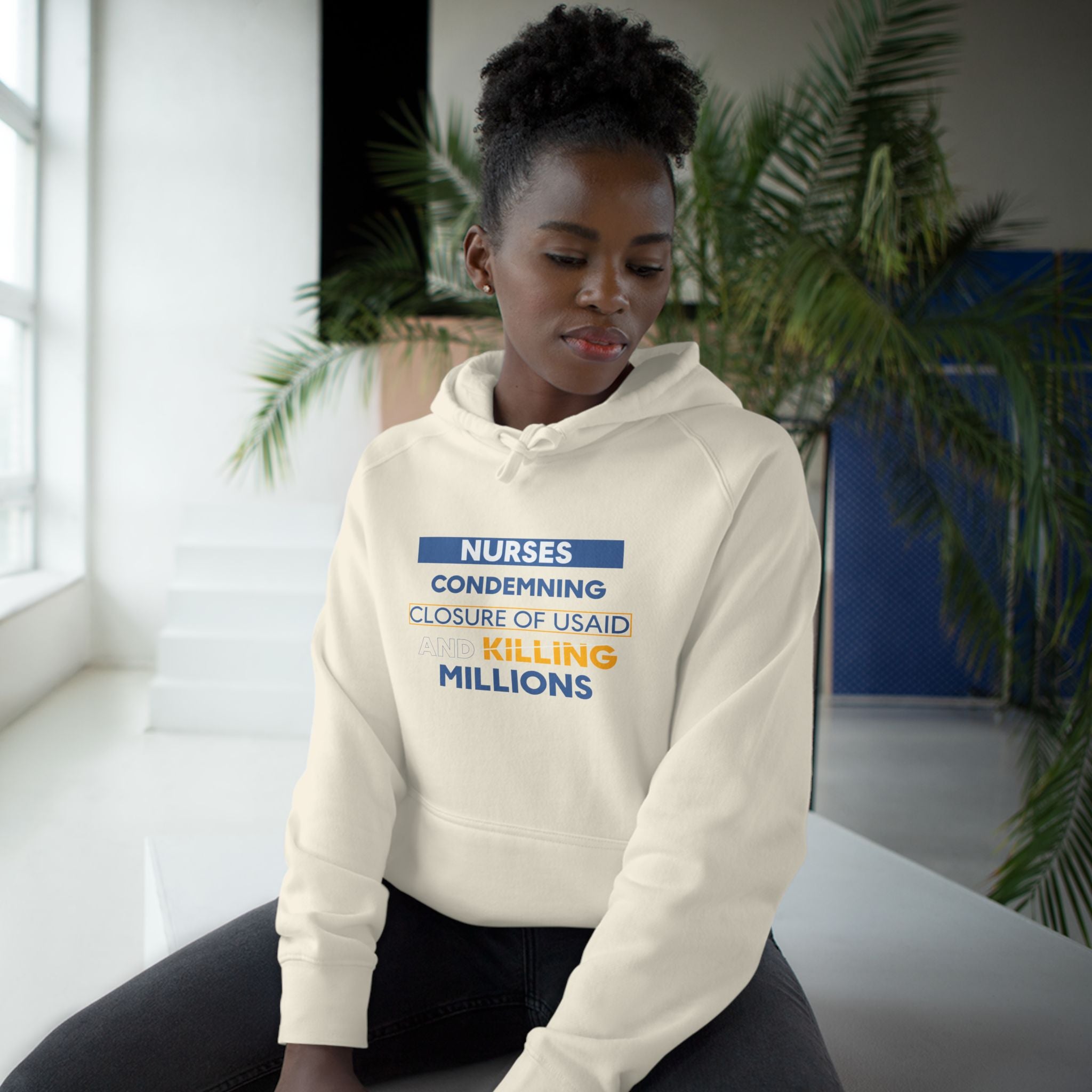 Unisex Mid-weight Hoodie - Nurses Condemning Closure of USAID (front) - Nurses For NIH CDC FEMA USAID And YOU (back) - 80% cotton, 20% Polyester - NFG-H-AC5101