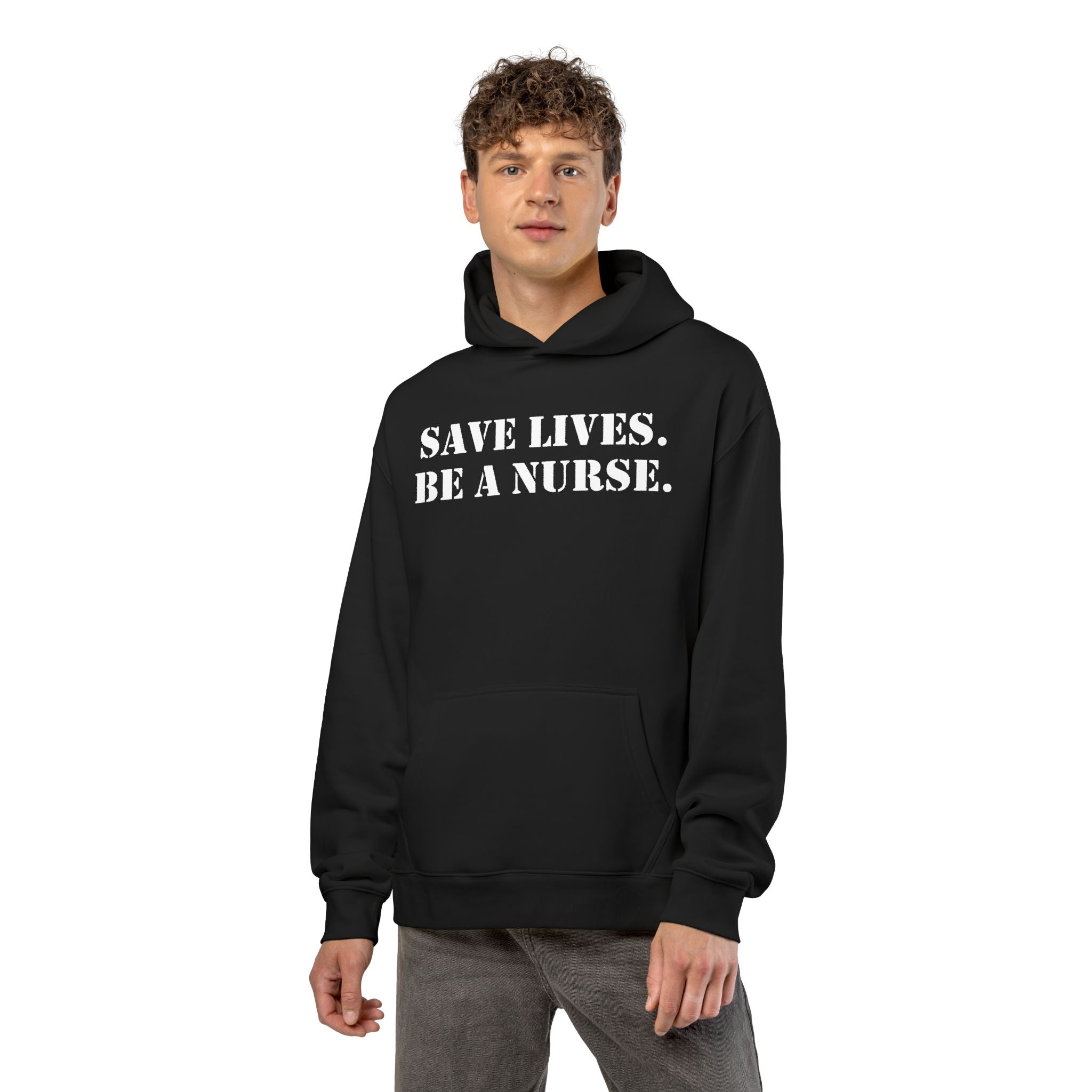 Unisex Mid-weight Hoodie - Save Lives Be A Nurse (front) - Who Advocates? Who Defend? (back) - 80% cotton, 20% Polyester - SLA-H-AC5101