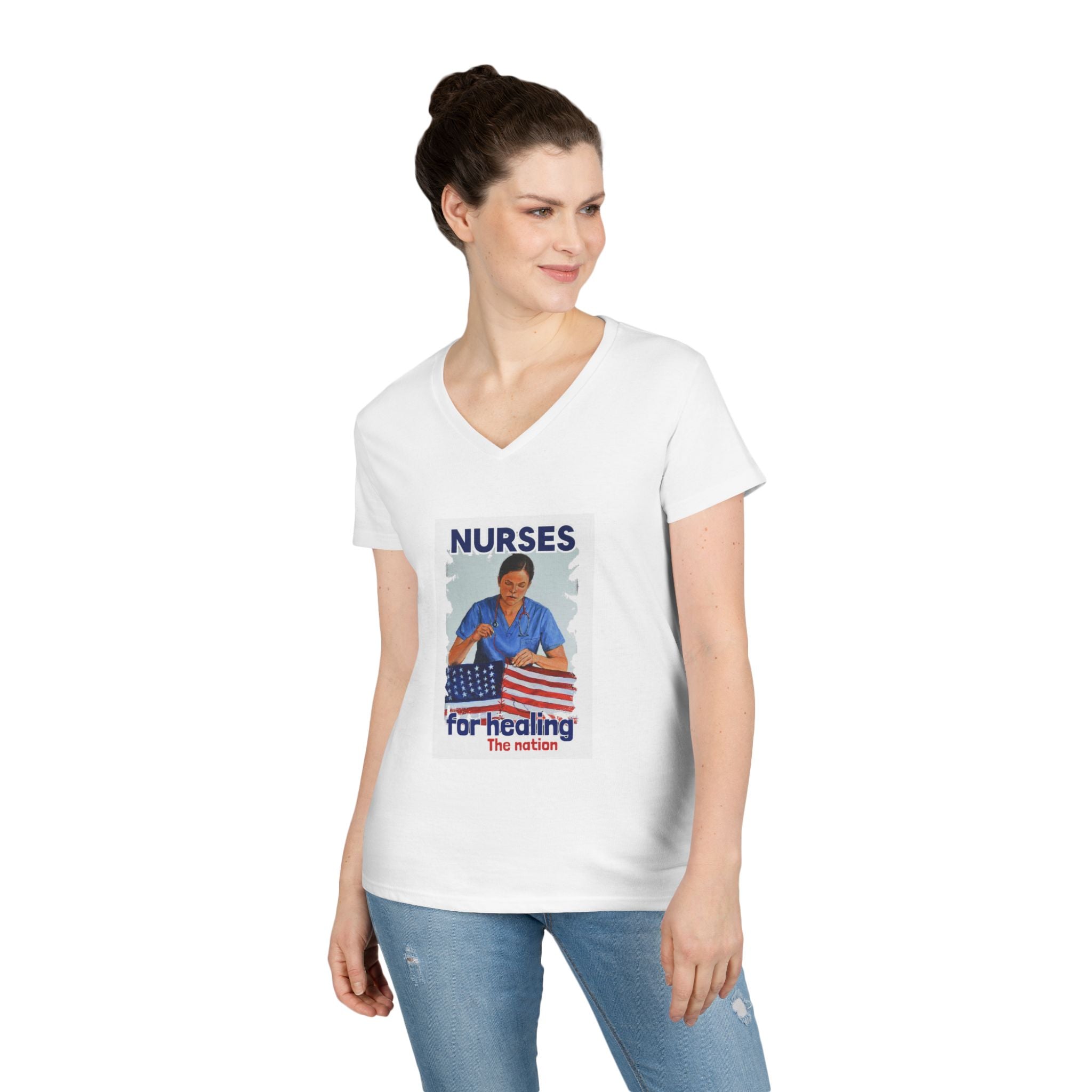 Women's Medium fabric V-Neck T-Shirt - Nurses For Healing The Nation (front) - Nurses Standing Up For Humanity (back) - 100% cotton - NFH-V-G5V00L