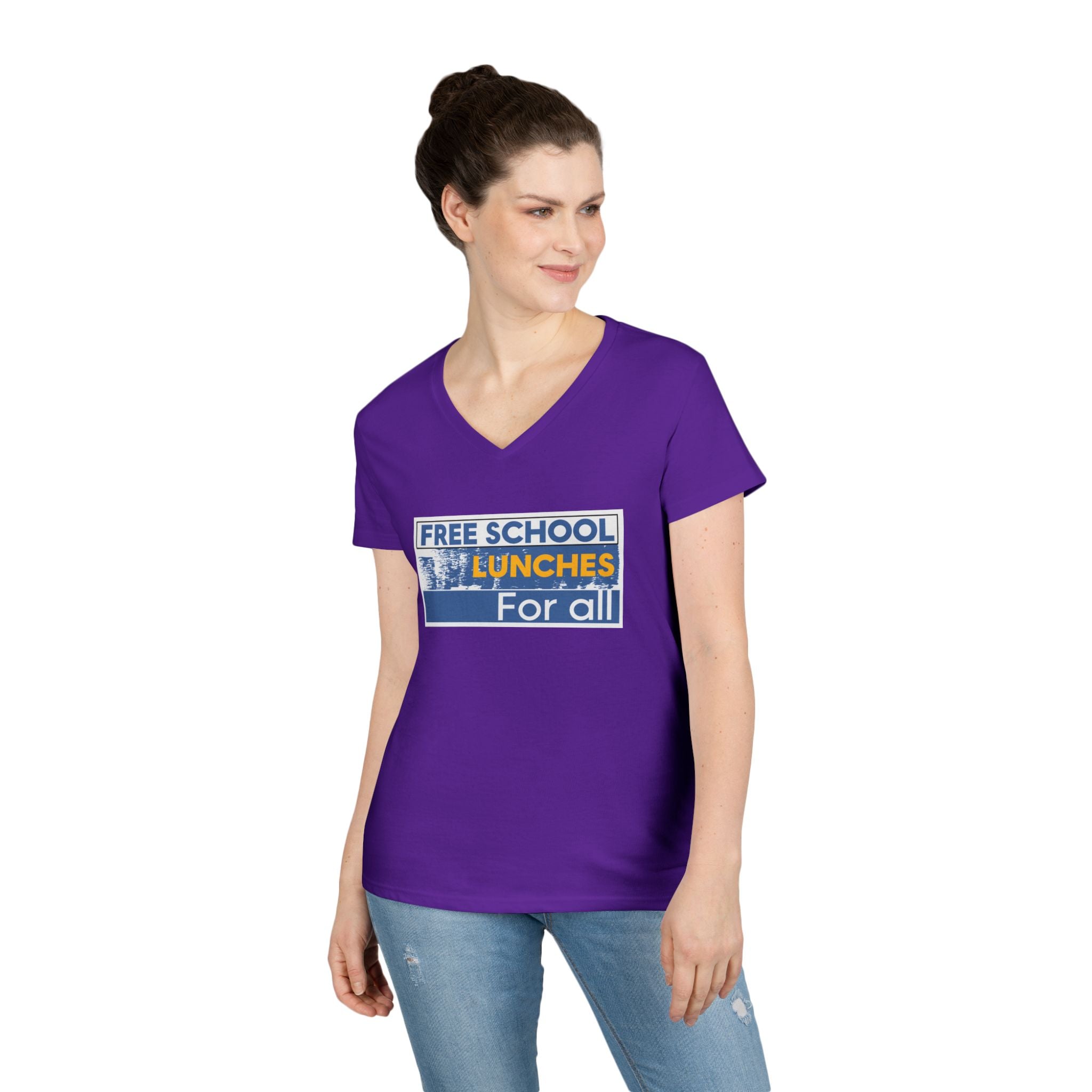 Women's Medium fabric V-Neck T-Shirt - Free School Lunches For All (front) - Nurses Against The Rich Starving The Poor (back) - 100% cotton - NAH-V-G5V00L