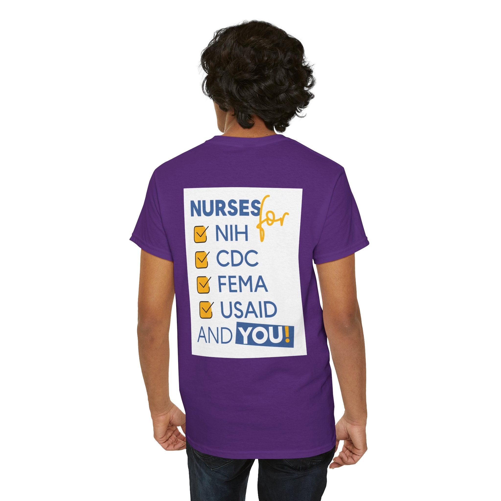 Unisex Medium fabric Cotton Tee - Nurses Condemning Closure of USAID (front) - Nurses For NIH CDC FEMA USAID And YOU (back) - 5.3 oz/yd² / 180 g/m² - NFG-T-G5000