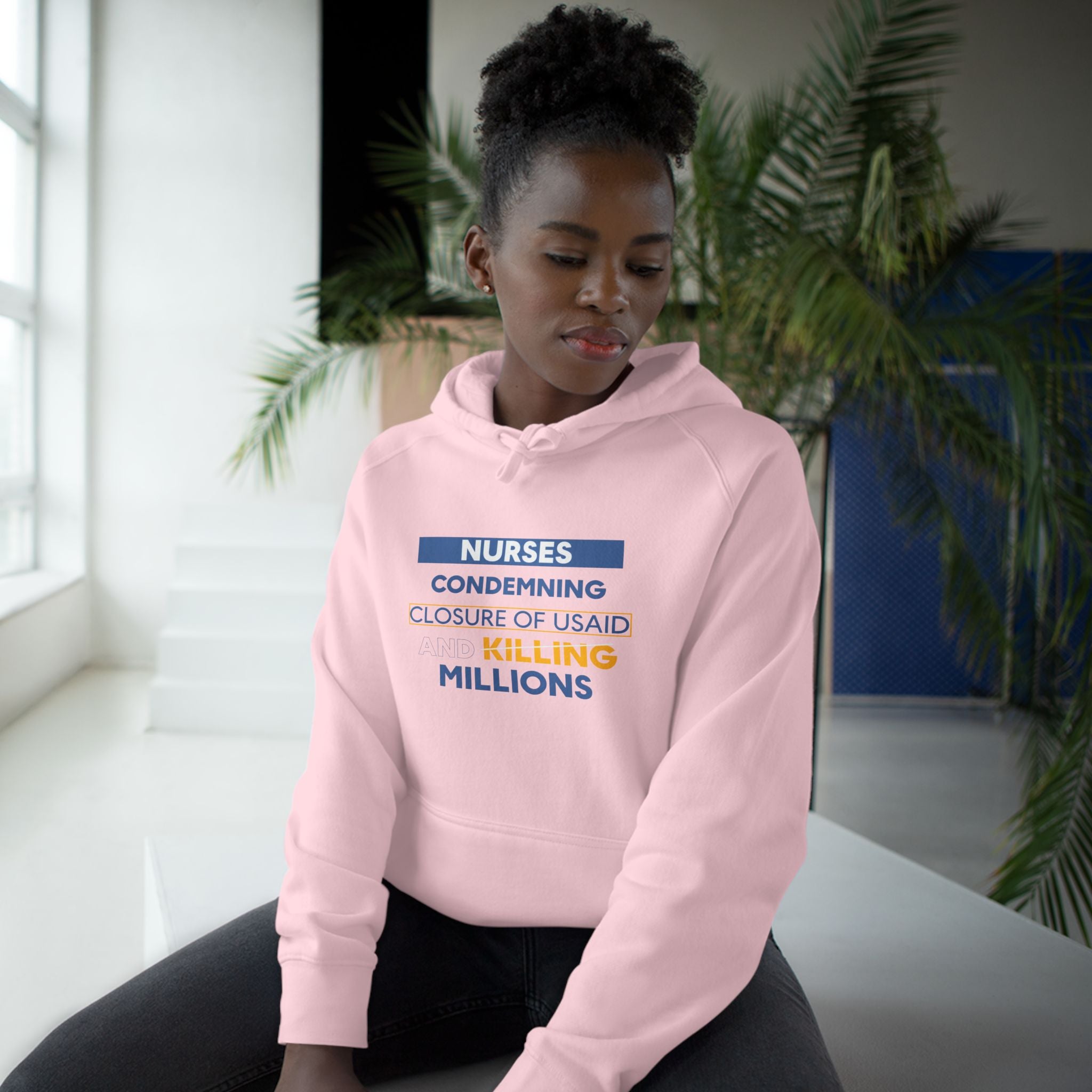 Unisex Mid-weight Hoodie - Nurses Condemning Closure of USAID (front) - Nurses For NIH CDC FEMA USAID And YOU (back) - 80% cotton, 20% Polyester - NFG-H-AC5101