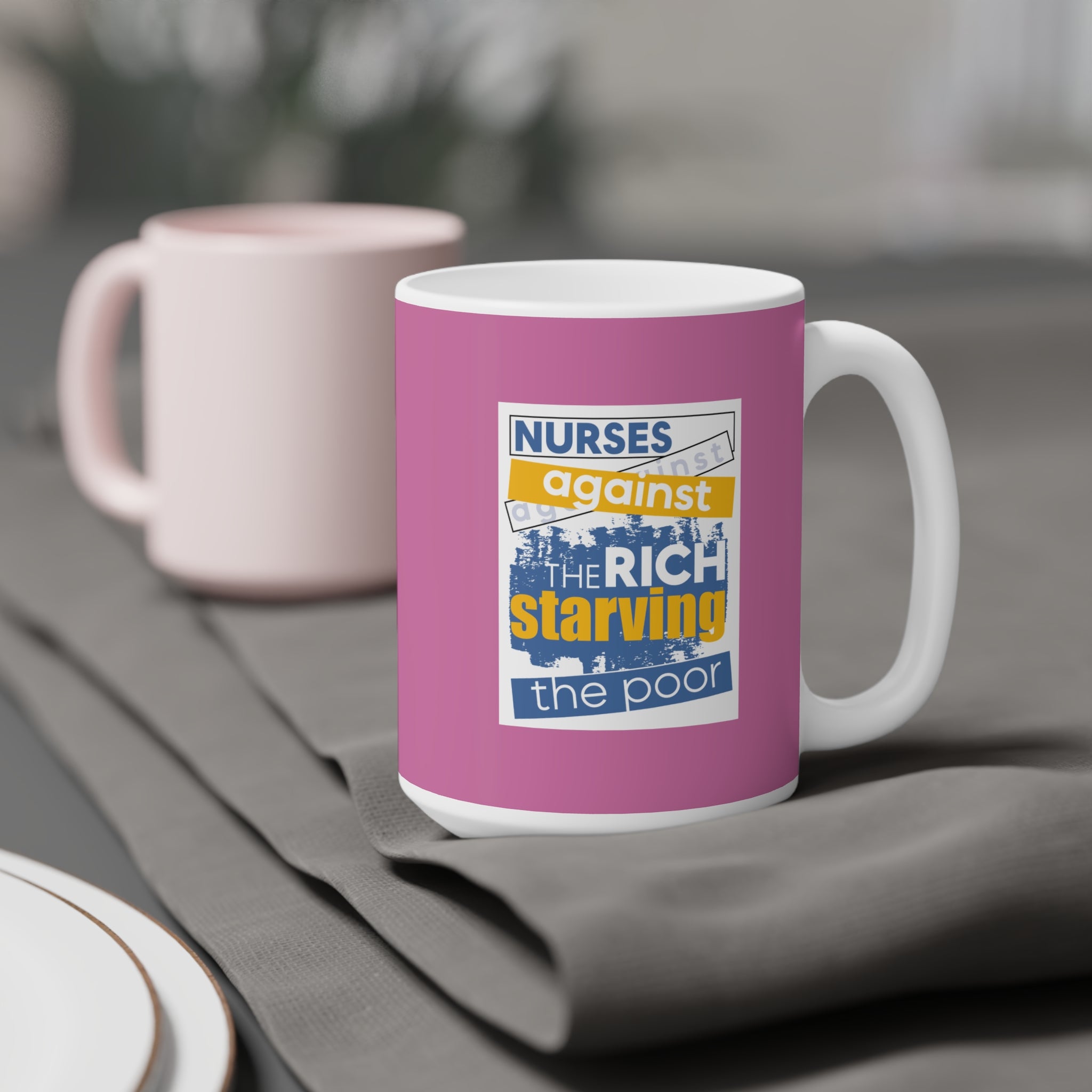 Unisex Ceramic Mug - Free School Lunches For All (right) - Nurses Against The Rich Starving The Poor (left) - Durable white Ceramic - NAH-CM-ORCA