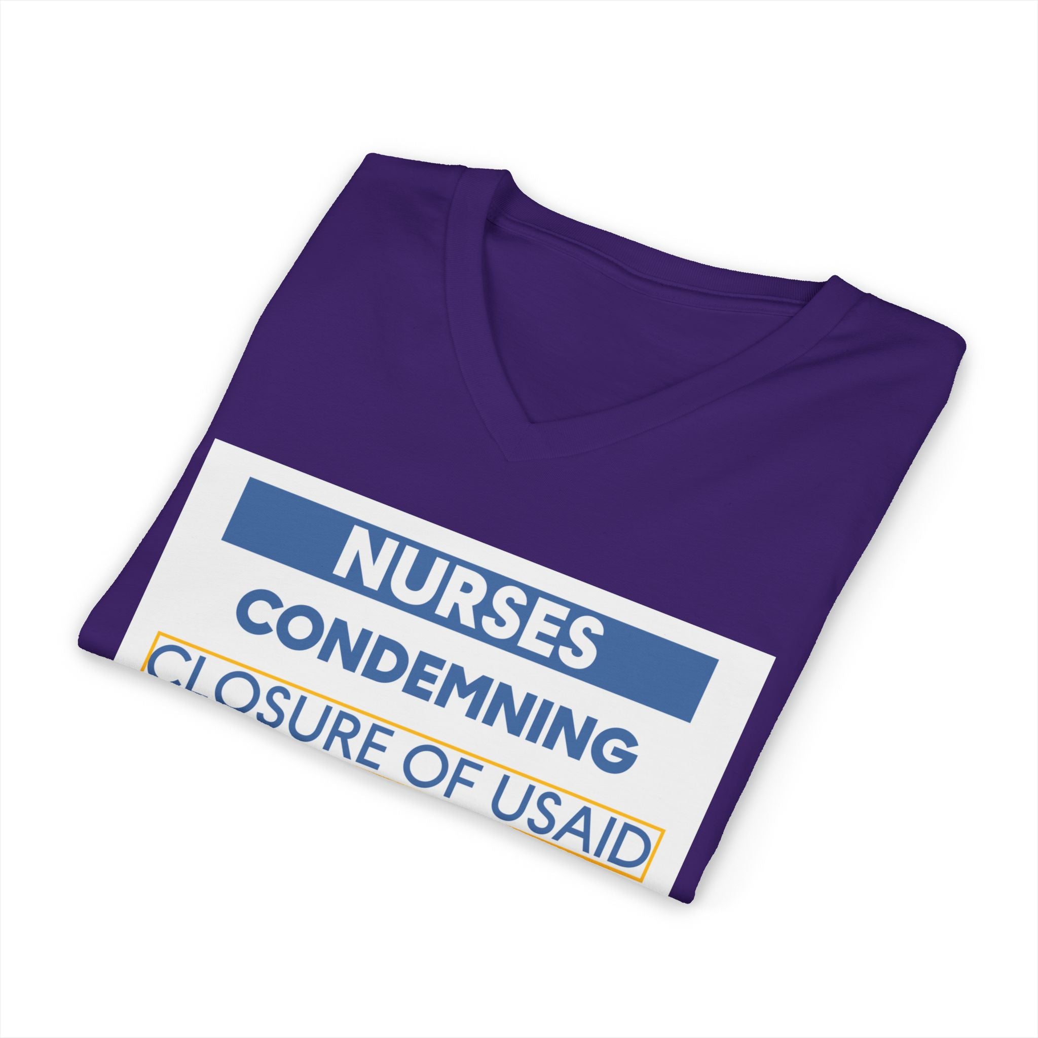Unisex Lightweight fabric Jersey Short Sleeve V-Neck Tee - Nurses Condemning Closure of USAID (front) - Nurses For NIH CDC FEMA USAID And YOU (back) - 100% cotton fabric - NFG-V-BC3005