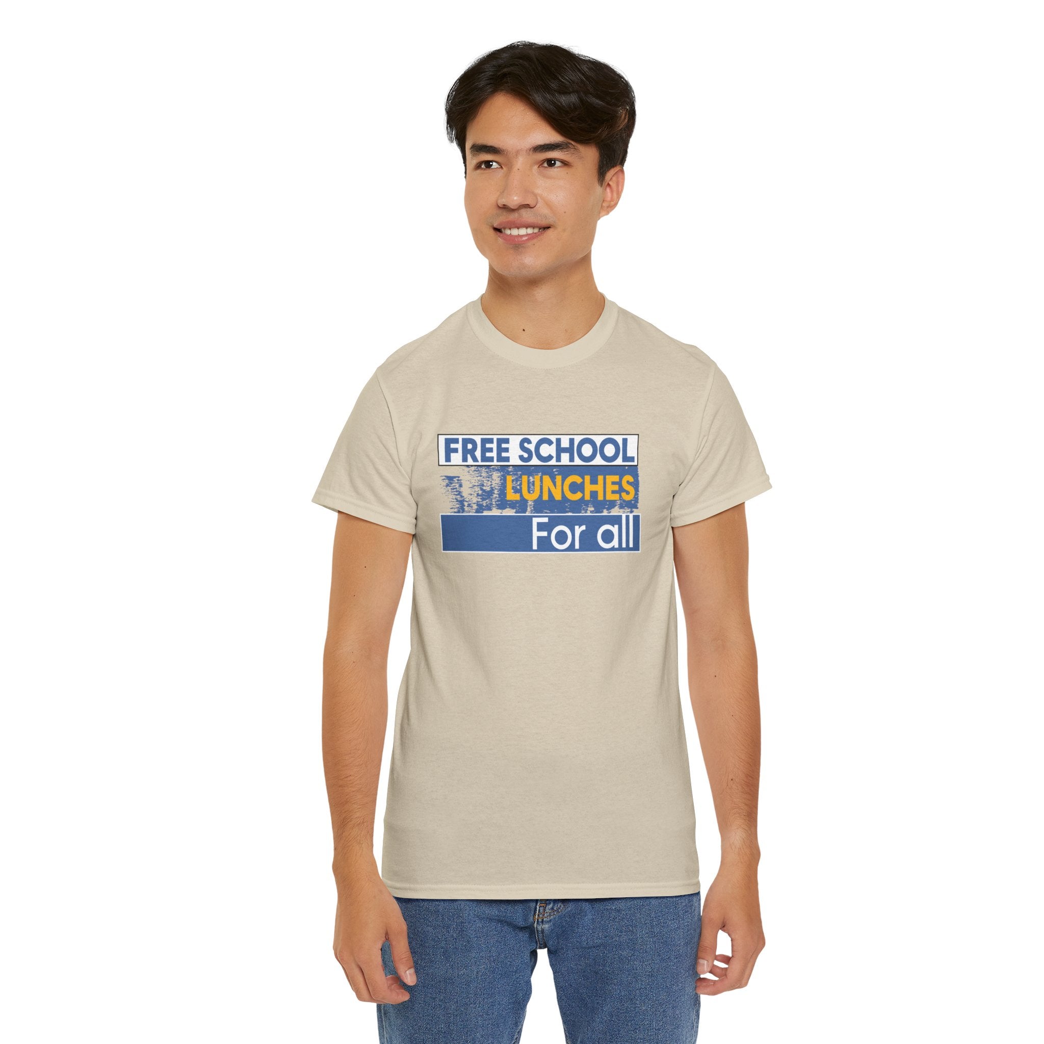 Unisex Medium fabric Cotton Tee - Free School Lunches For All (front) - Nurses Against The Rich Starving The Poor (back) - 5.3 oz/yd² / 180 g/m² - NAH-T-G5000