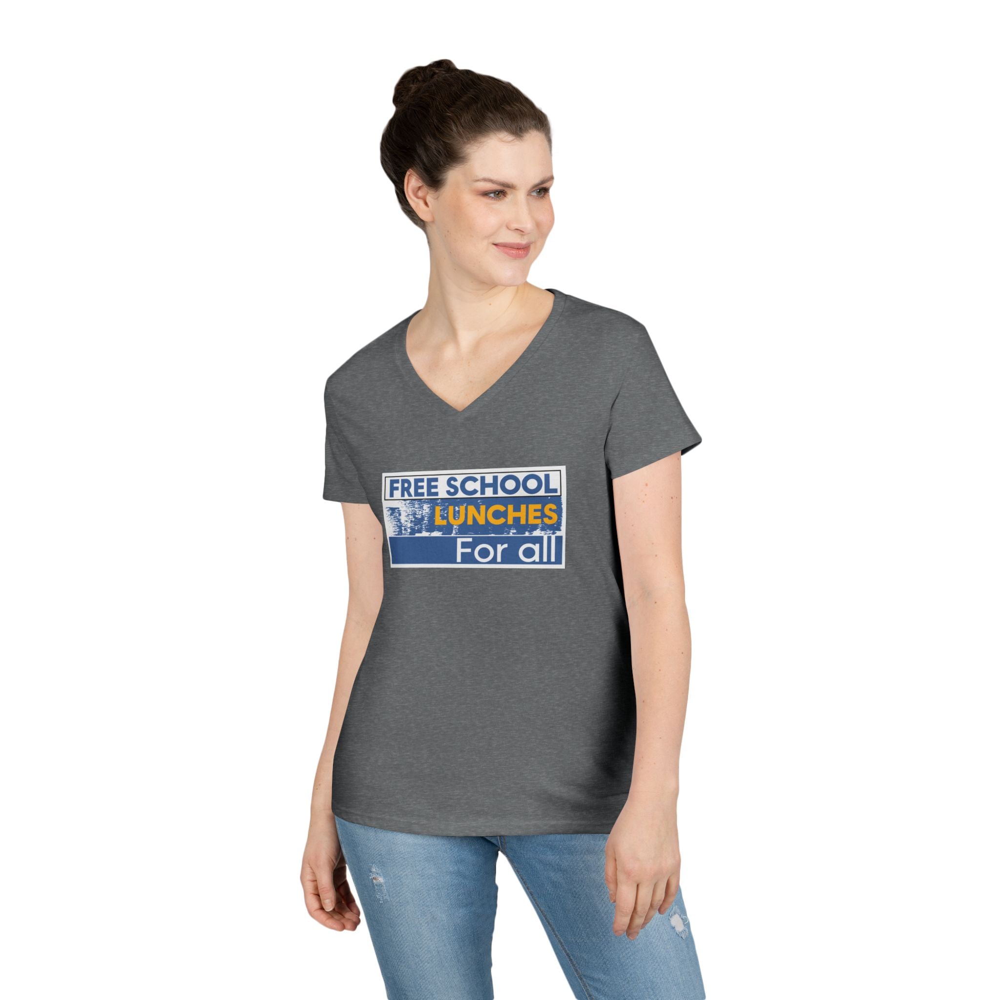 Women's Medium fabric V-Neck T-Shirt - Free School Lunches For All (front) - Nurses Against The Rich Starving The Poor (back) - 100% cotton - NAH-V-G5V00L