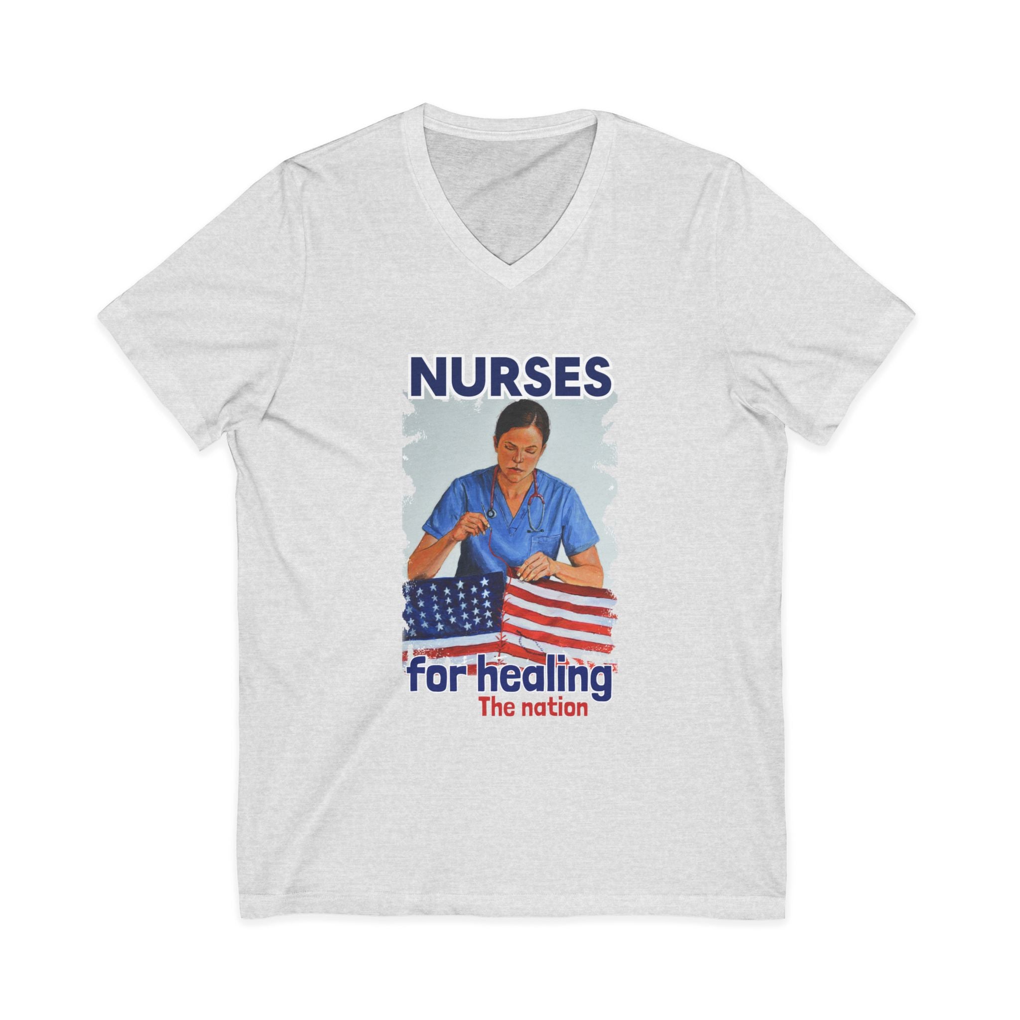 Unisex Lightweight fabric Jersey Short Sleeve V-Neck Tee - Nurses For Healing The Nation (front) - Nurses Standing Up For Humanity (back) - 100% cotton fabric - NFH-V-BC3005
