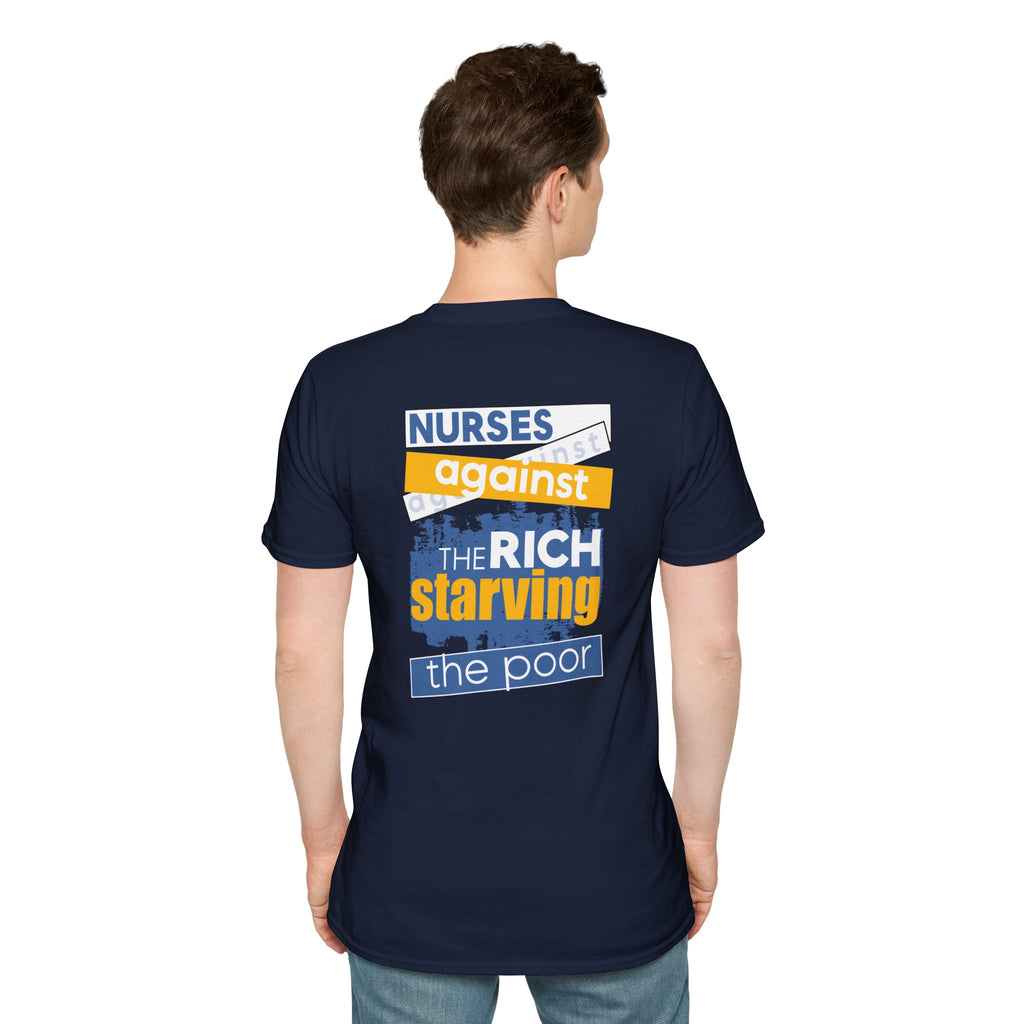 Unisex Lightweight fabric T-Shirt - Free School Lunches For All (front) - Nurses Against The Rich Starving The Poor (back) - 100% ring-spun cotton - NAH-T-G64000