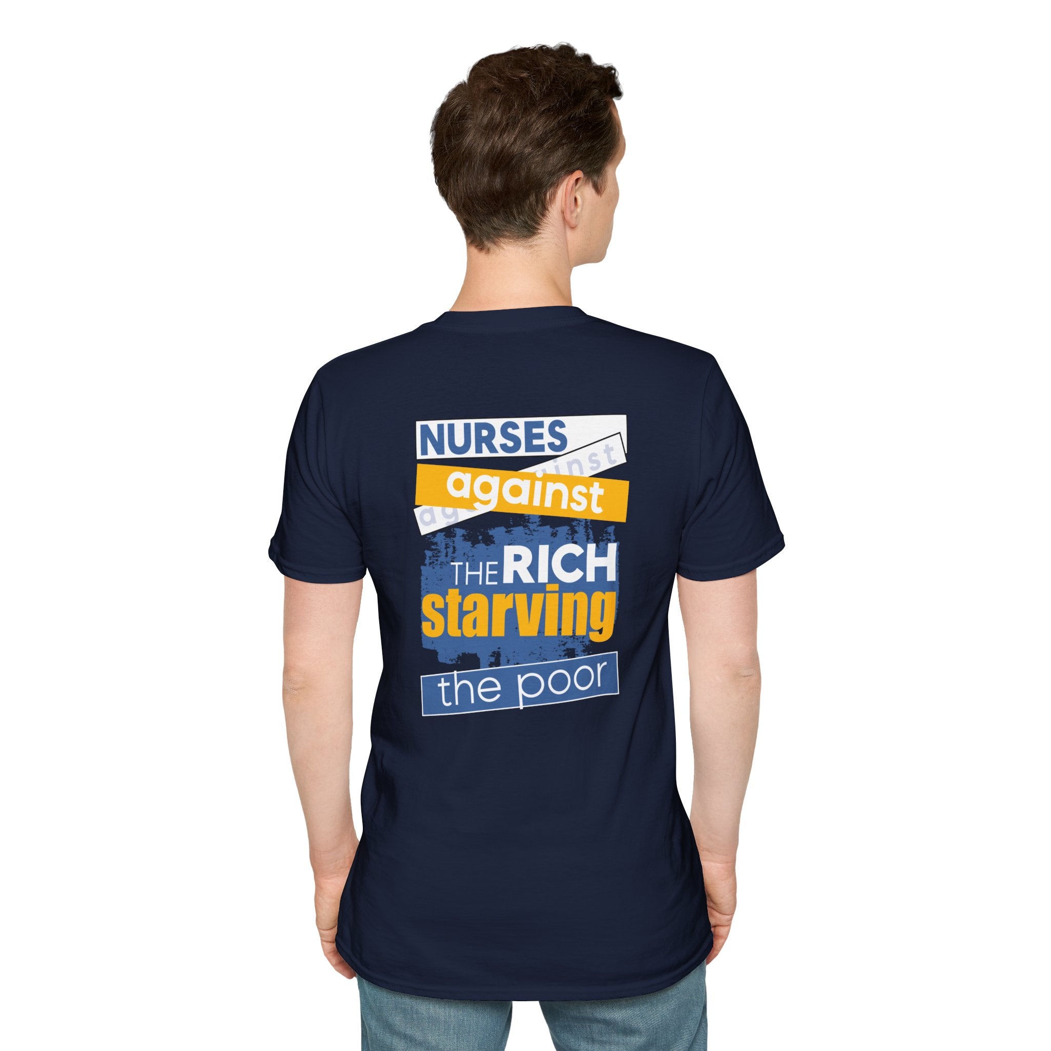 Unisex Lightweight fabric T-Shirt - Free School Lunches For All (front) - Nurses Against The Rich Starving The Poor (back) - 100% ring-spun cotton - NAH-T-G64000