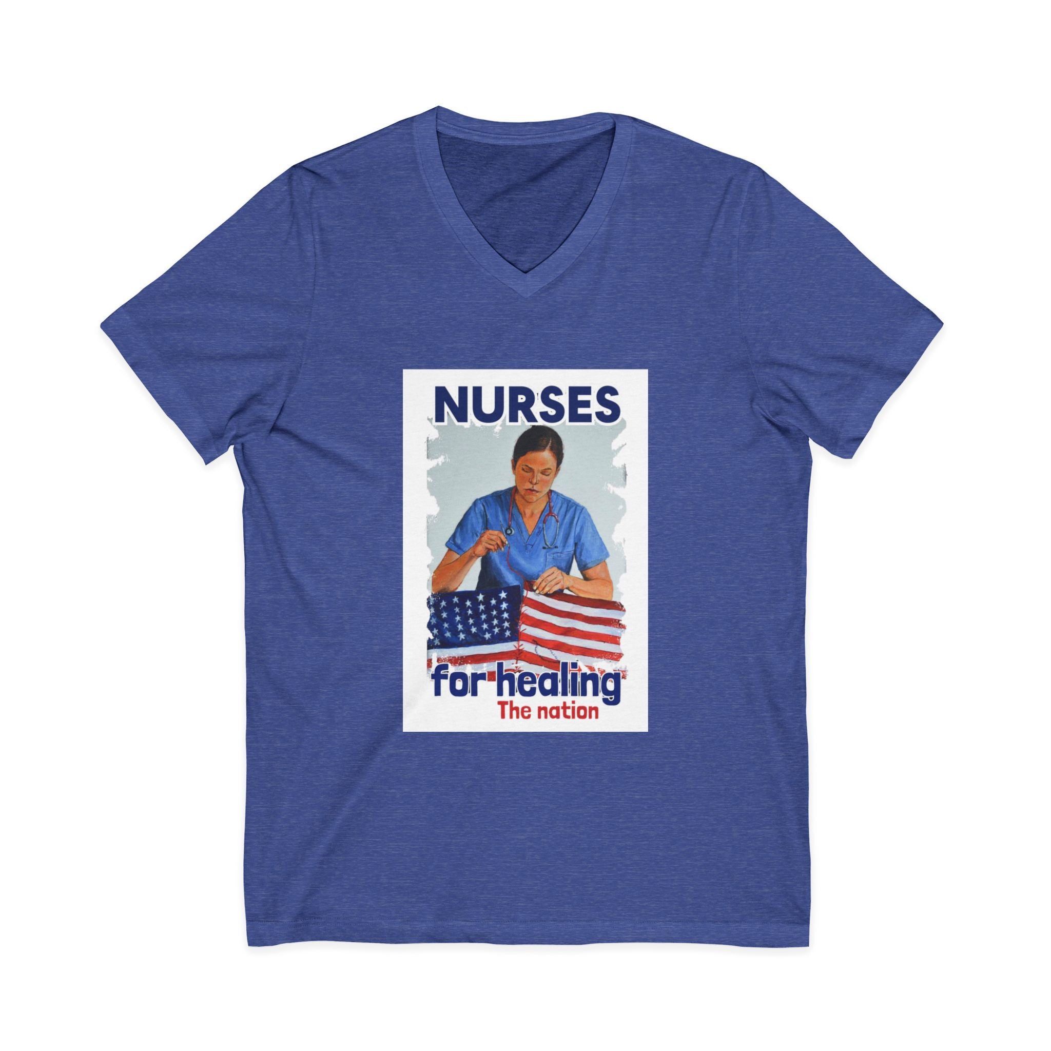 Unisex Lightweight fabric Jersey Short Sleeve V-Neck Tee - Nurses For Healing The Nation (front) - Nurses Standing Up For Humanity (back) - 100% cotton fabric - NFH-V-BC3005