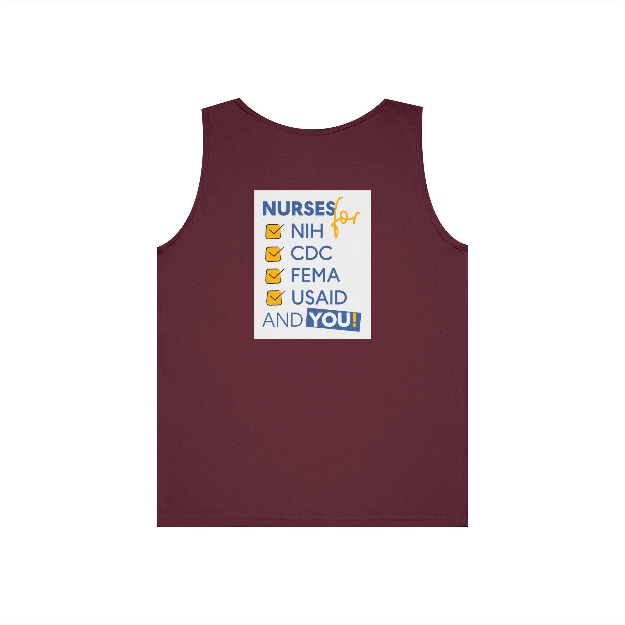 Unisex Medium fabric Cotton Tank Top - Nurses Condemning Closure of USAID (front) - Nurses For NIH CDC FEMA USAID And YOU (back) - 100% cotton - NFG-K-G5200