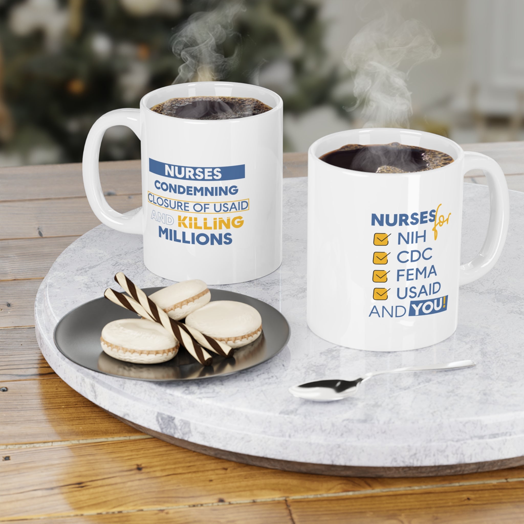Unisex Ceramic Mug - Nurses Condemning Closure of USAID (right) - Nurses For NIH CDC FEMA USAID And YOU (left) - Durable white Ceramic - NFG-CM-ORCA