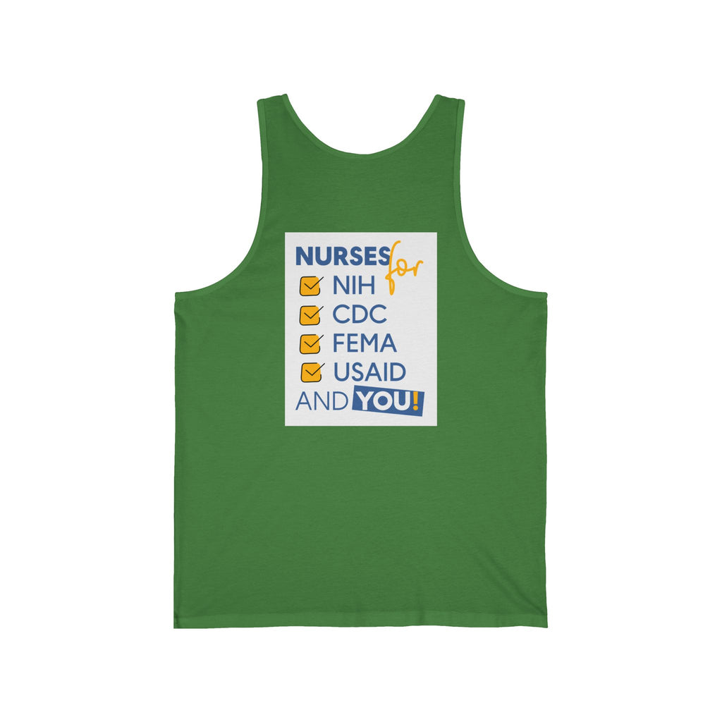 Unisex Light fabric Jersey Tank - Nurses Condemning Closure of USAID (front) - Nurses For NIH CDC FEMA USAID And YOU (back) - 100% Airlume combed and ring-spun cotton - NFG-K-BC3480
