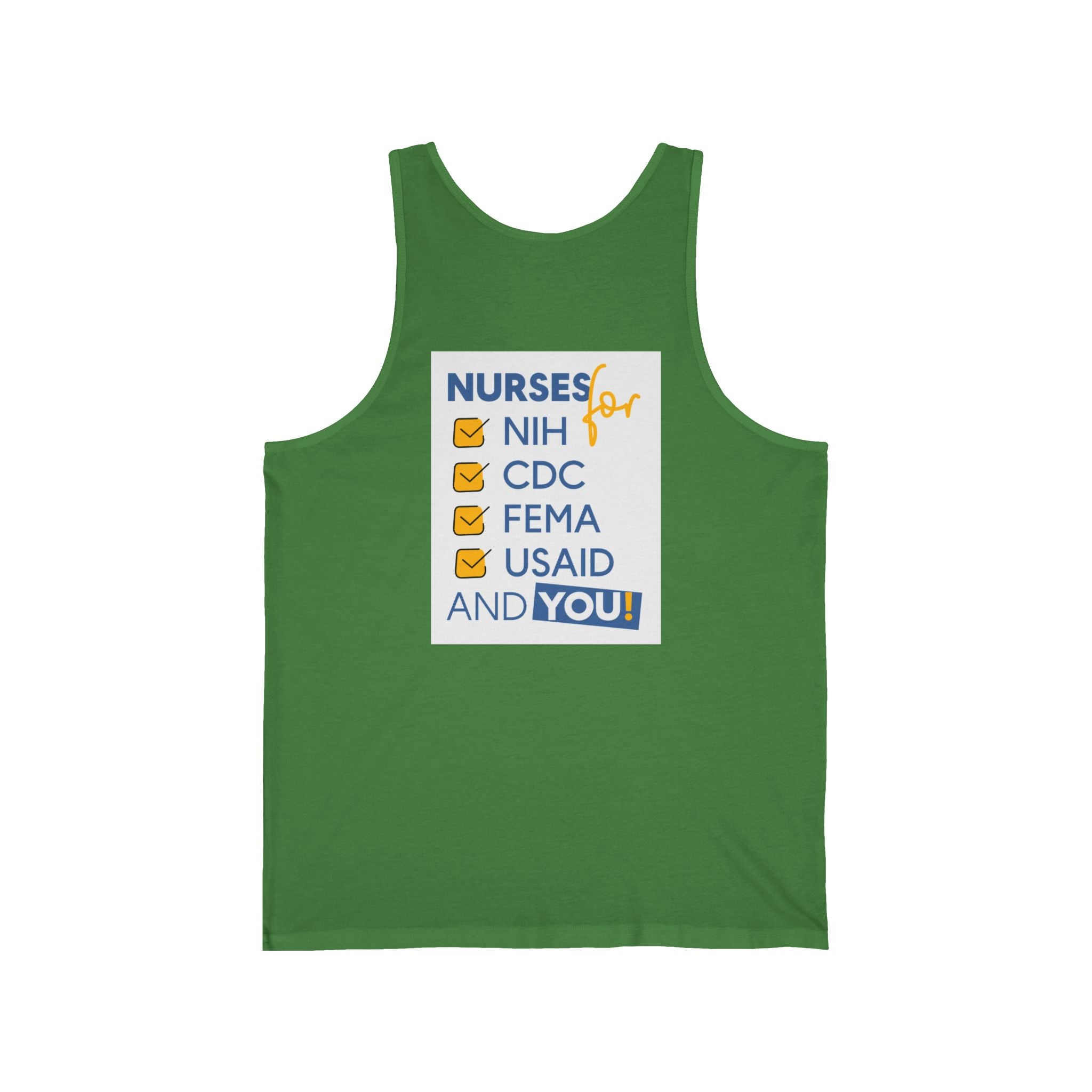Unisex Light fabric Jersey Tank - Nurses Condemning Closure of USAID (front) - Nurses For NIH CDC FEMA USAID And YOU (back) - 100% Airlume combed and ring-spun cotton - NFG-K-BC3480