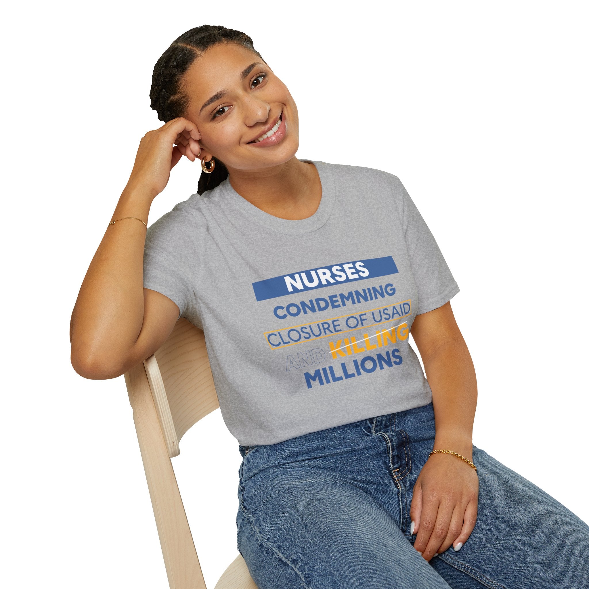 Unisex Lightweight fabric T-Shirt - Nurses Condemning Closure of USAID (front) - Nurses For NIH CDC FEMA USAID And YOU (back) - 100% ring-spun cotton - NFG-T-G64000