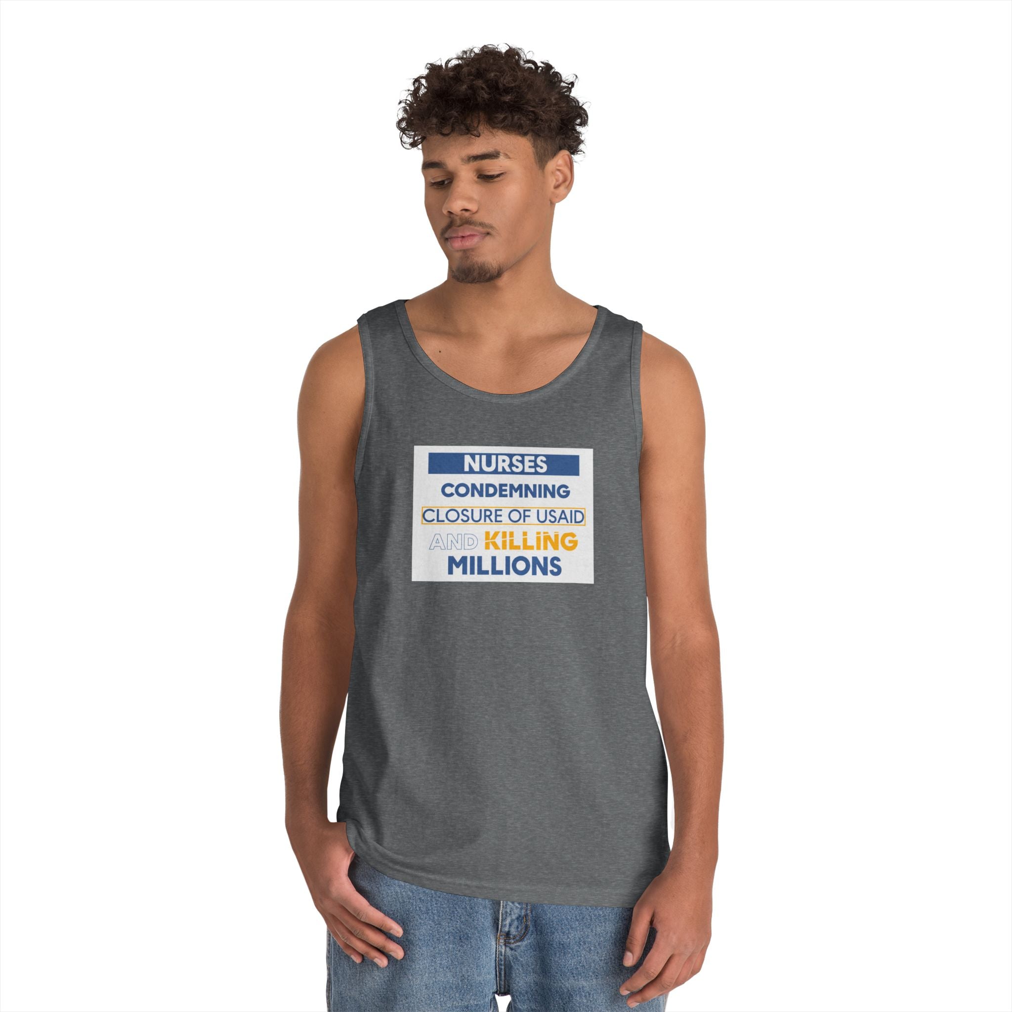 Unisex Medium fabric Cotton Tank Top - Nurses Condemning Closure of USAID (front) - Nurses For NIH CDC FEMA USAID And YOU (back) - 100% cotton - NFG-K-G5200