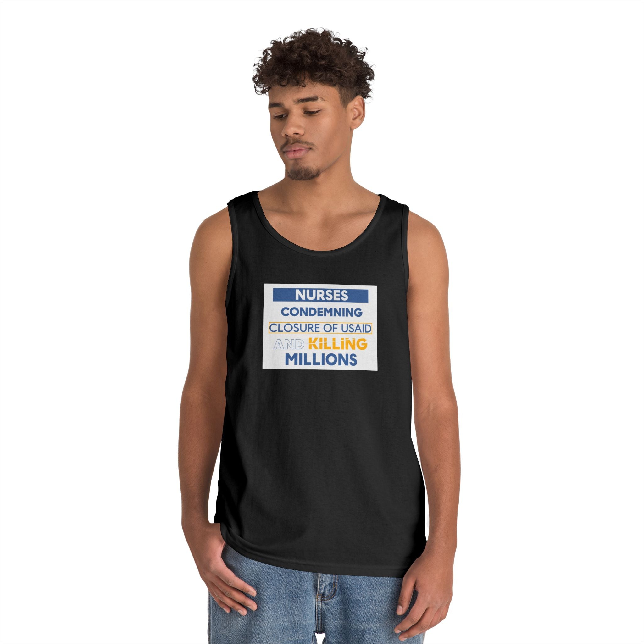 Unisex Medium fabric Cotton Tank Top - Nurses Condemning Closure of USAID (front) - Nurses For NIH CDC FEMA USAID And YOU (back) - 100% cotton - NFG-K-G5200