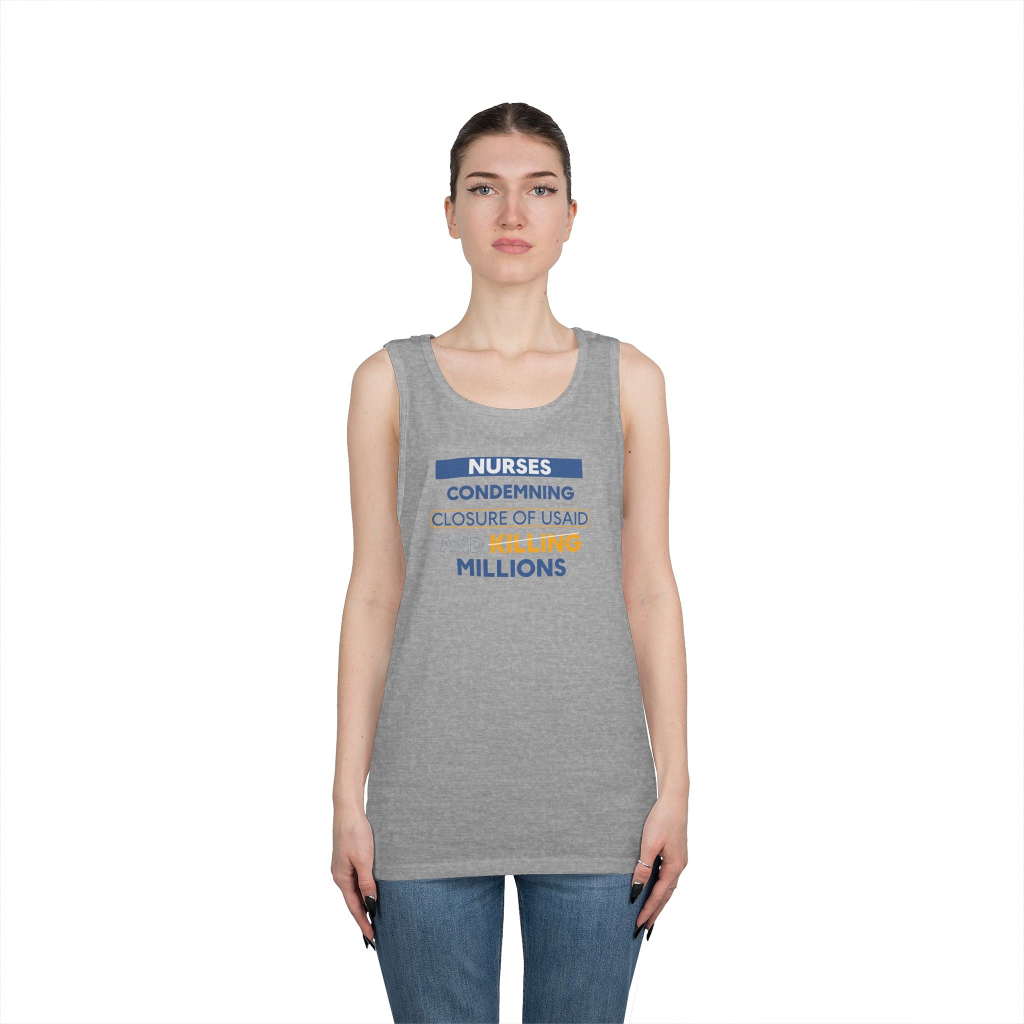 Unisex Medium fabric Cotton Tank Top - Nurses Condemning Closure of USAID (front) - Nurses For NIH CDC FEMA USAID And YOU (back) - 100% cotton - NFG-K-G5200
