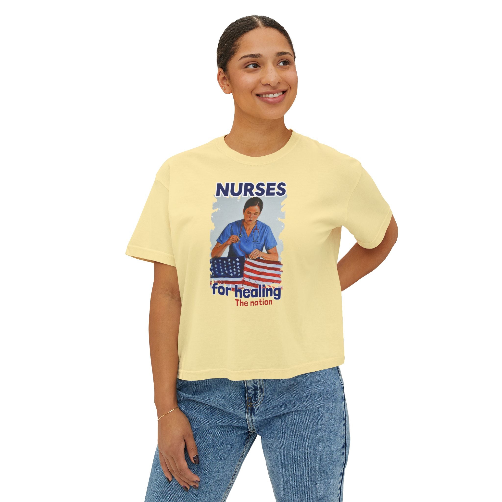 Women's Boxy Heavy fabric Tee - Nurses For Healing The Nation (front) - Nurses Standing Up For Humanity (back) - 100% ring-spun US cotton - NFH-T-CC3023CL