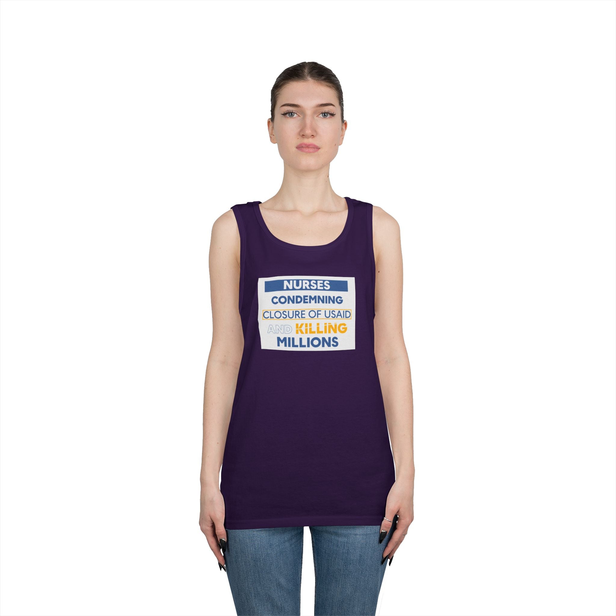 Unisex Medium fabric Cotton Tank Top - Nurses Condemning Closure of USAID (front) - Nurses For NIH CDC FEMA USAID And YOU (back) - 100% cotton - NFG-K-G5200