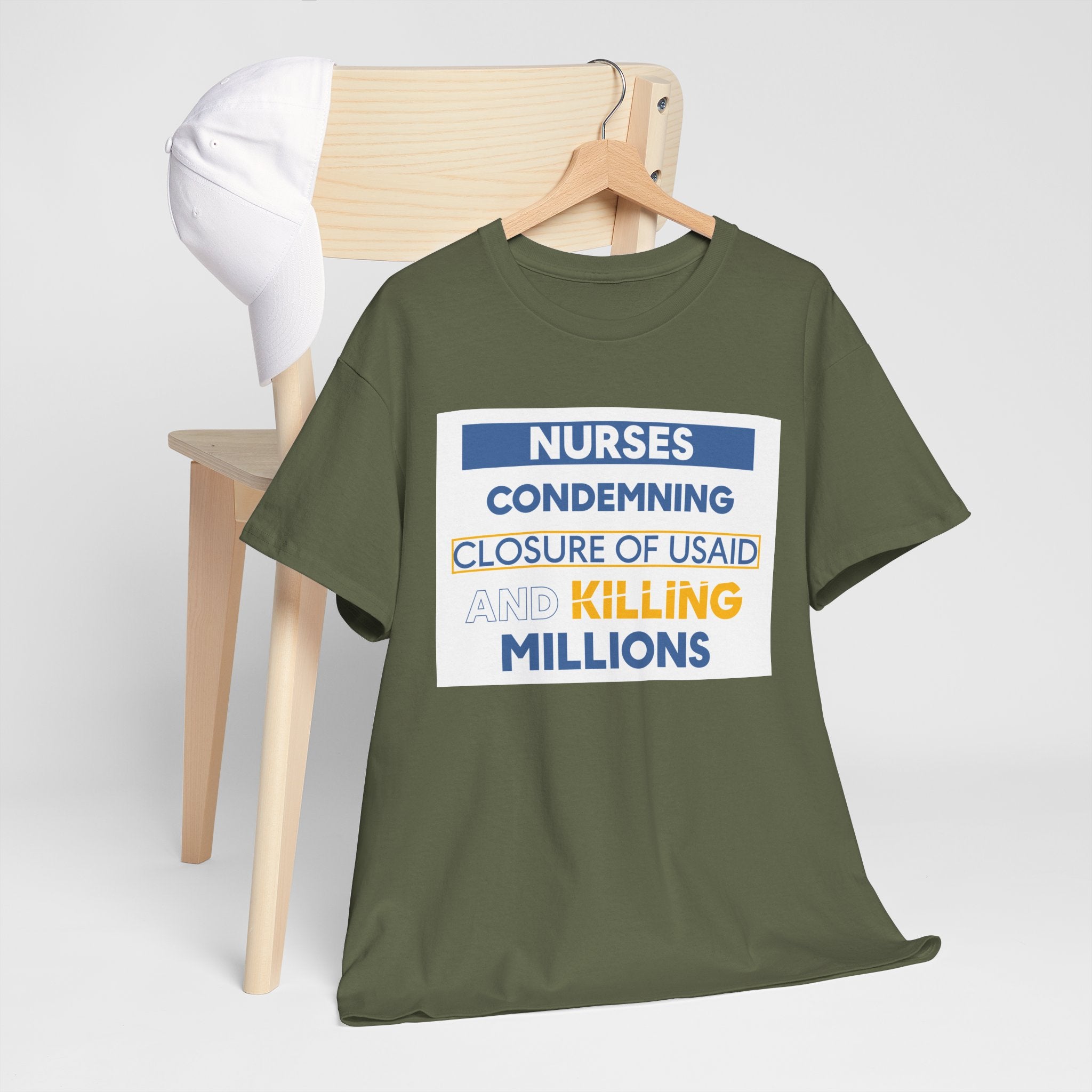 Unisex Medium fabric Cotton Tee - Nurses Condemning Closure of USAID (front) - Nurses For NIH CDC FEMA USAID And YOU (back) - 5.3 oz/yd² / 180 g/m² - NFG-T-G5000